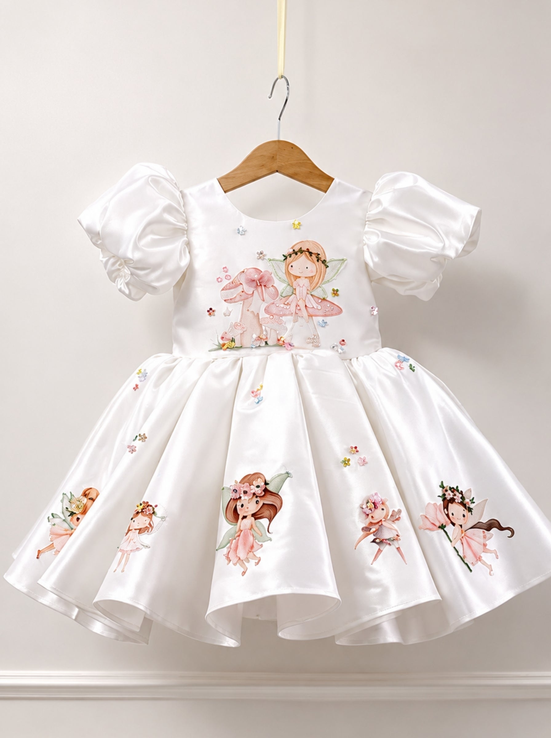 White fairy birthday dress for girls made with Duchess Satin