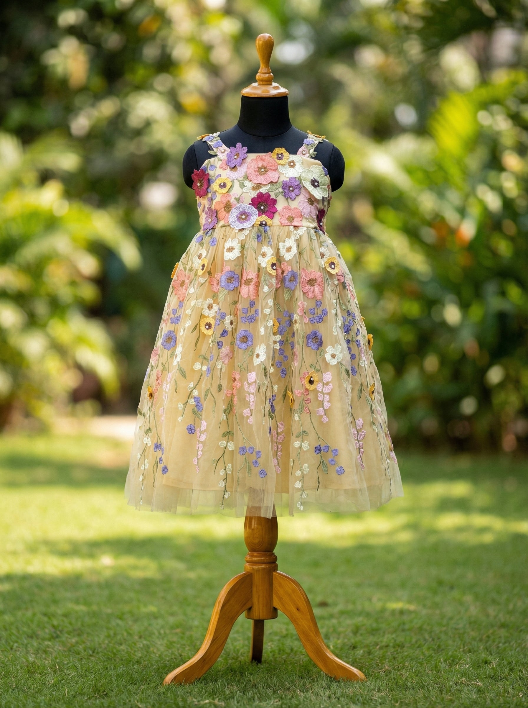 Floral Appliqué Net Dress for Girls | Handcrafted Flower Embellished Party Dress | Luxury Kids Couture