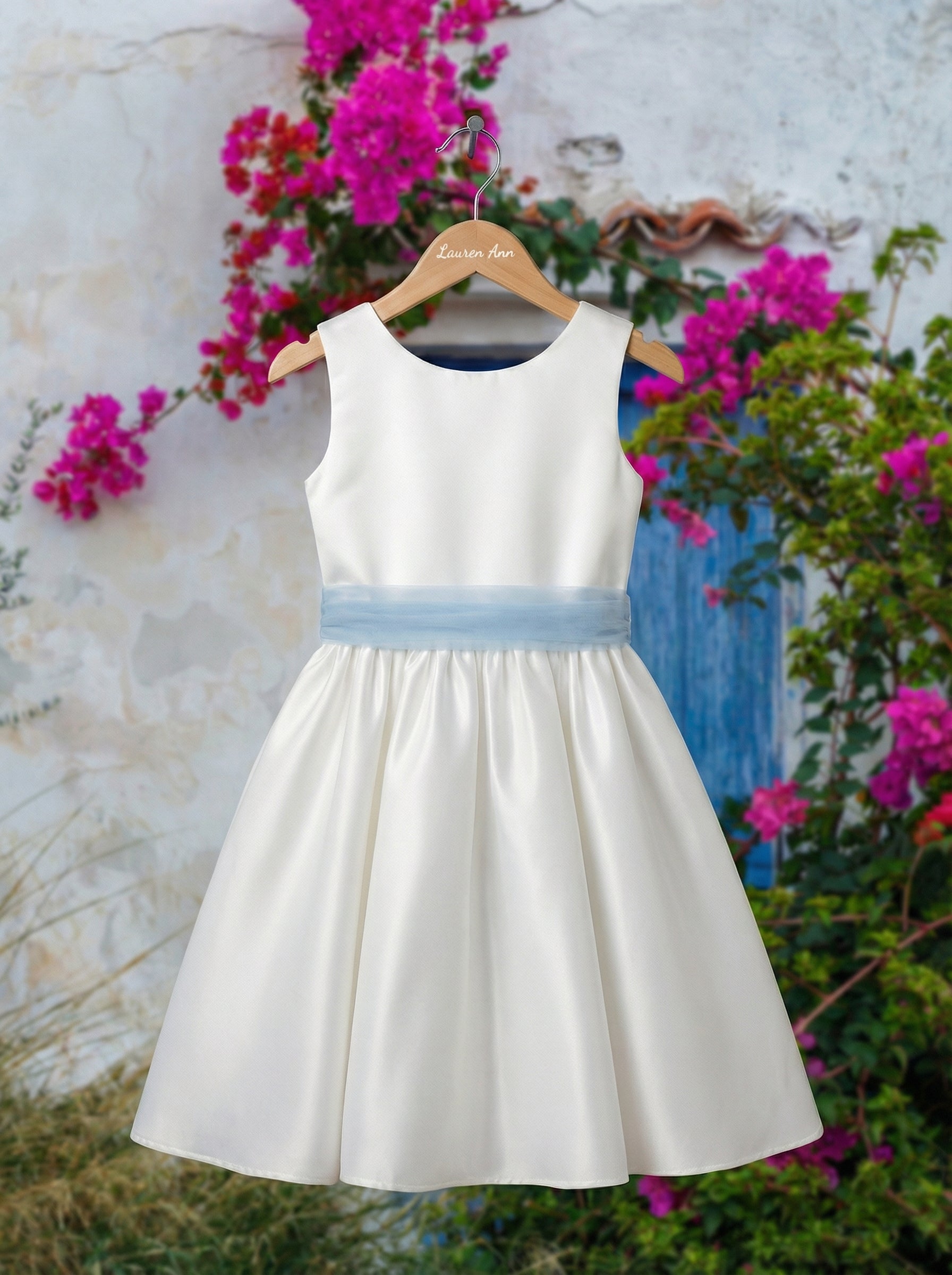 White Bridal Satin Flower Girl Dress with Powder Blue Bow | Powder Blue Wedding Theme Dress for Kids