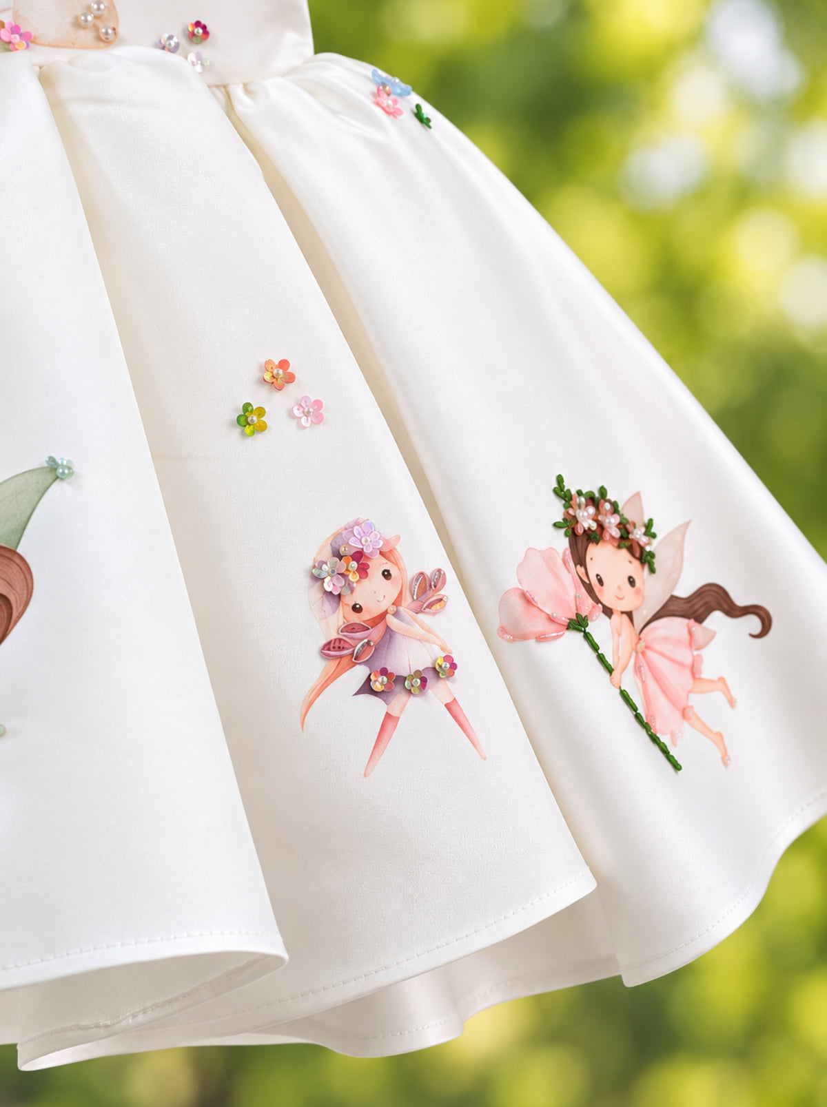 Full flared skirt of white fairy birthday dress for girls