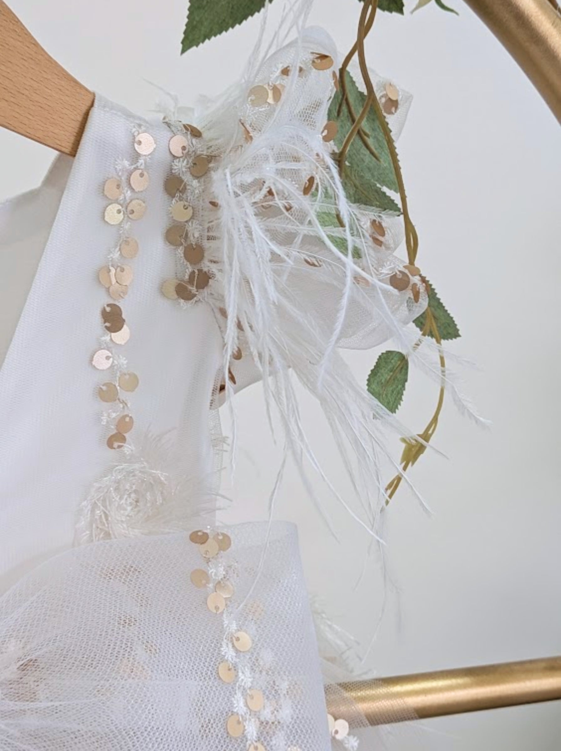 Ivory & Champagne Gold Couture Dress with Sequin Lace & Feather Detailing | Luxury Party & Wedding Dress for Girls