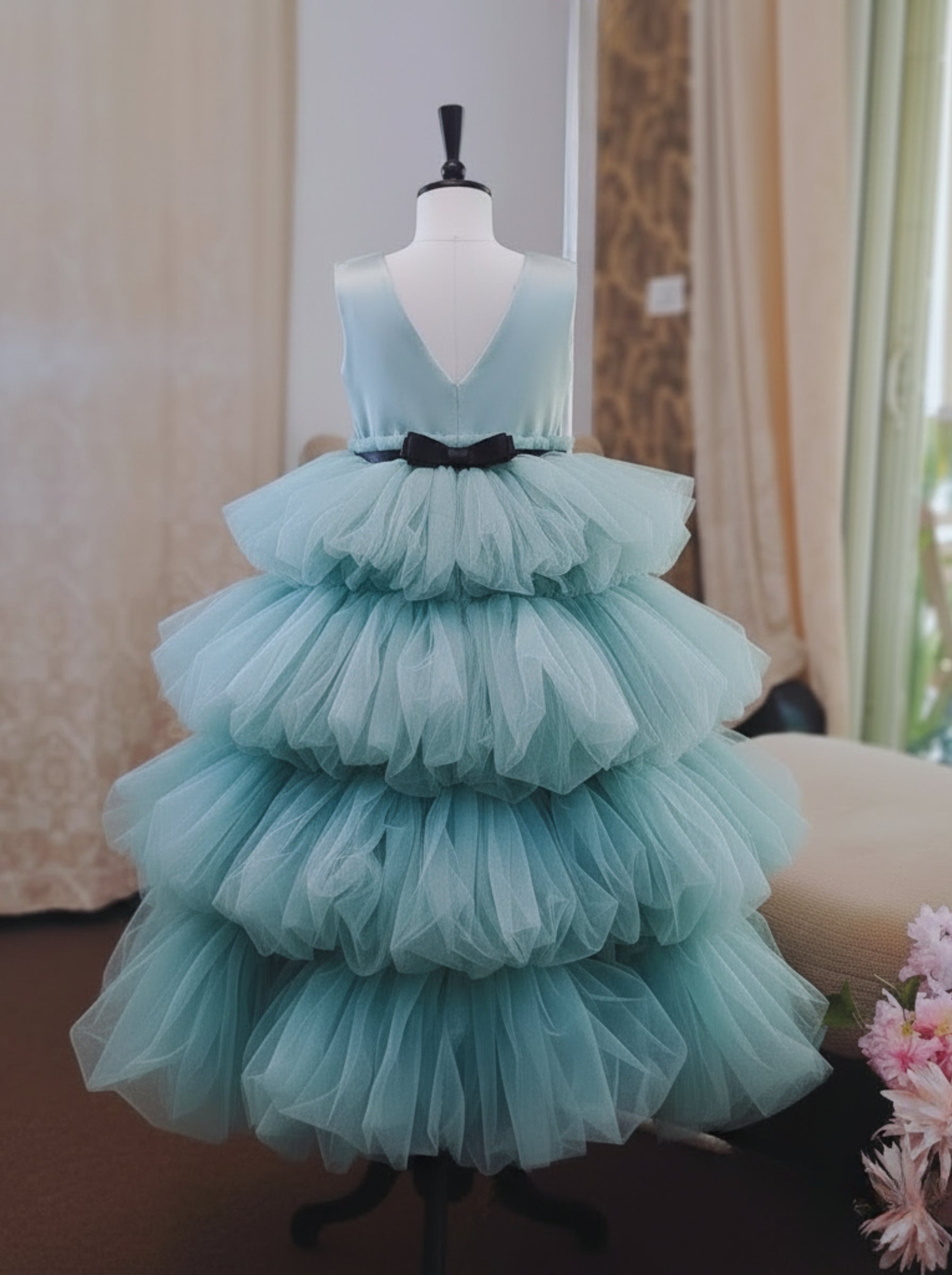 Eucalyptus green tiered tulle party dress for girls with black waist ribbon