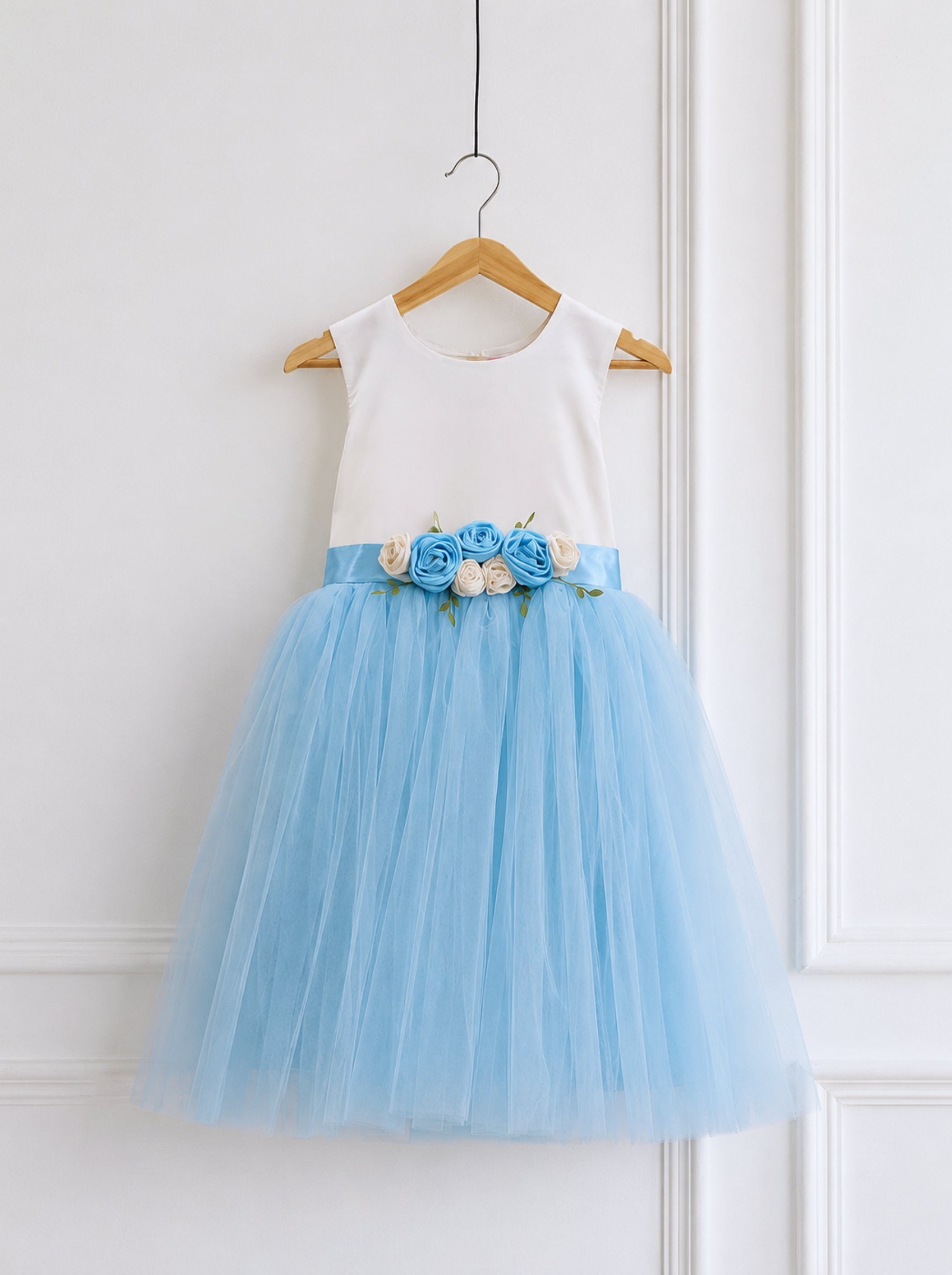 Ivory & Powder Blue Flower Girl Dress with Satin Bodice and Tulle Skirt | Wedding & Birthday Party Wear for Girls