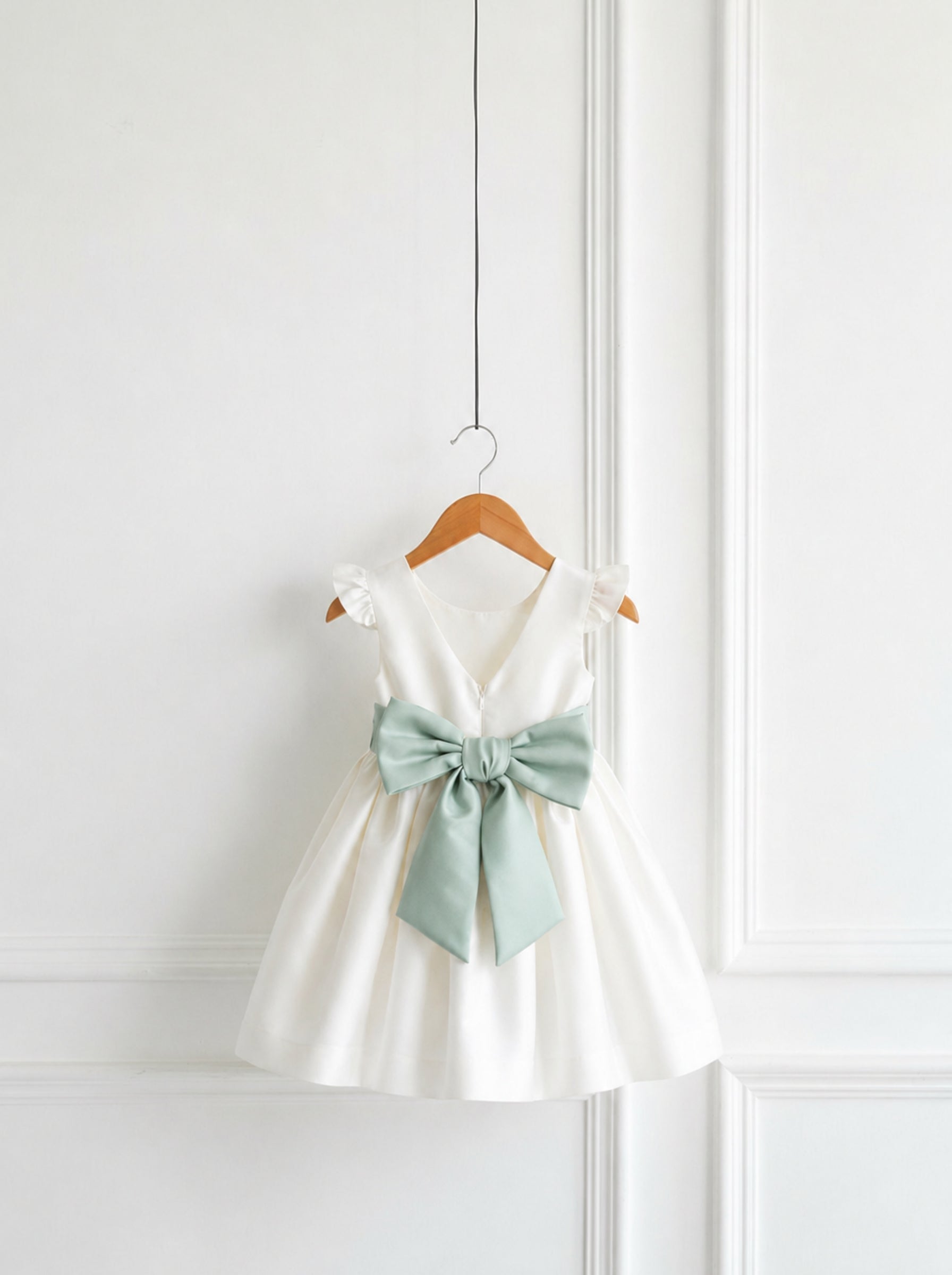 Ivory and sage green bow party dress for girls with statement bow – back view by Lauren Ann