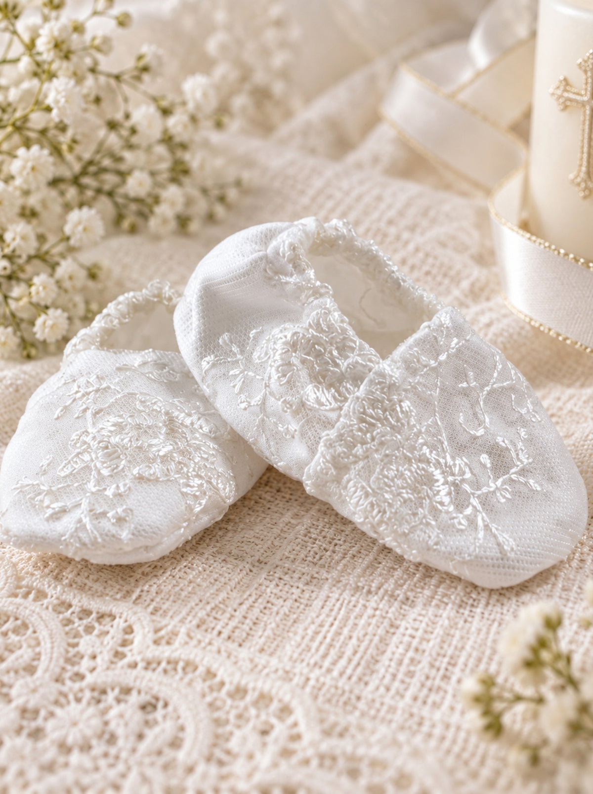 Matching white lace Baptism booties for baby girl