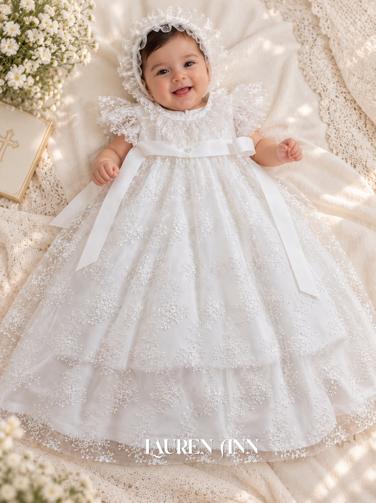 Premium white Baptism dress for baby girl by Lauren Ann