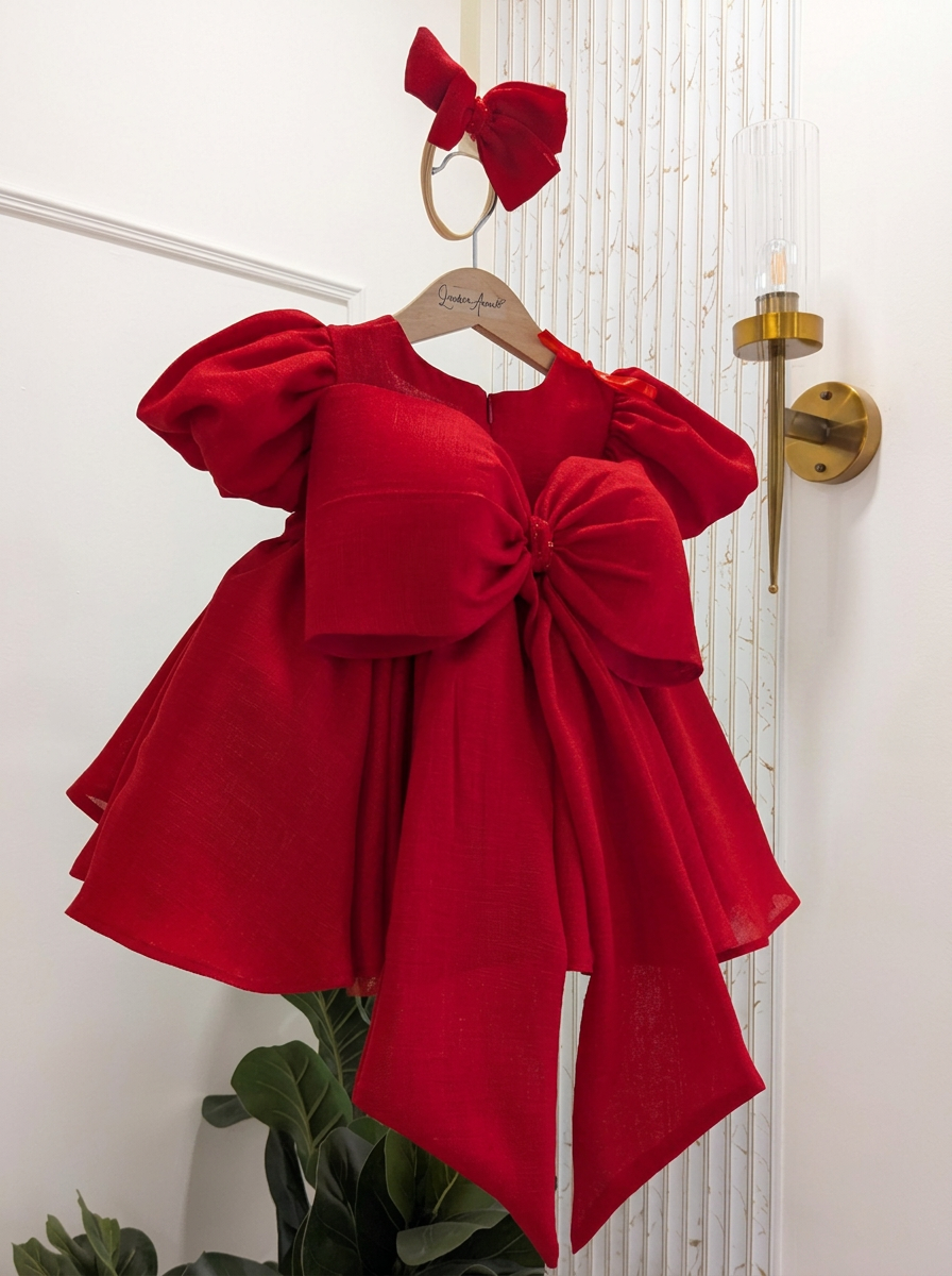 Back view of ruby red girls party dress with ribbon bows and sparkling embellishments – Lauren Ann