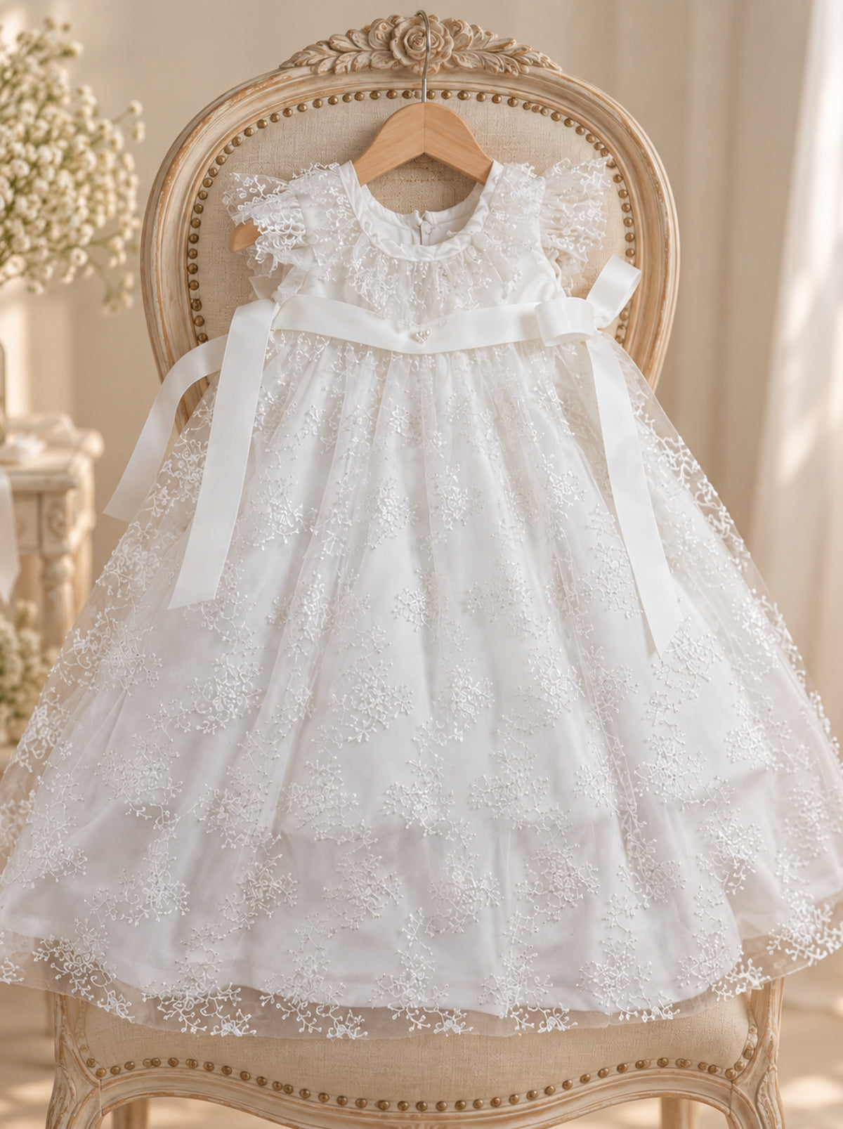 White floral lace Christening gown for baby girl