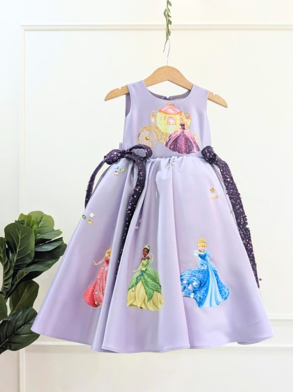Lavender fairytale princess inspired dress for little girls with colorful princess designs and sequin bows