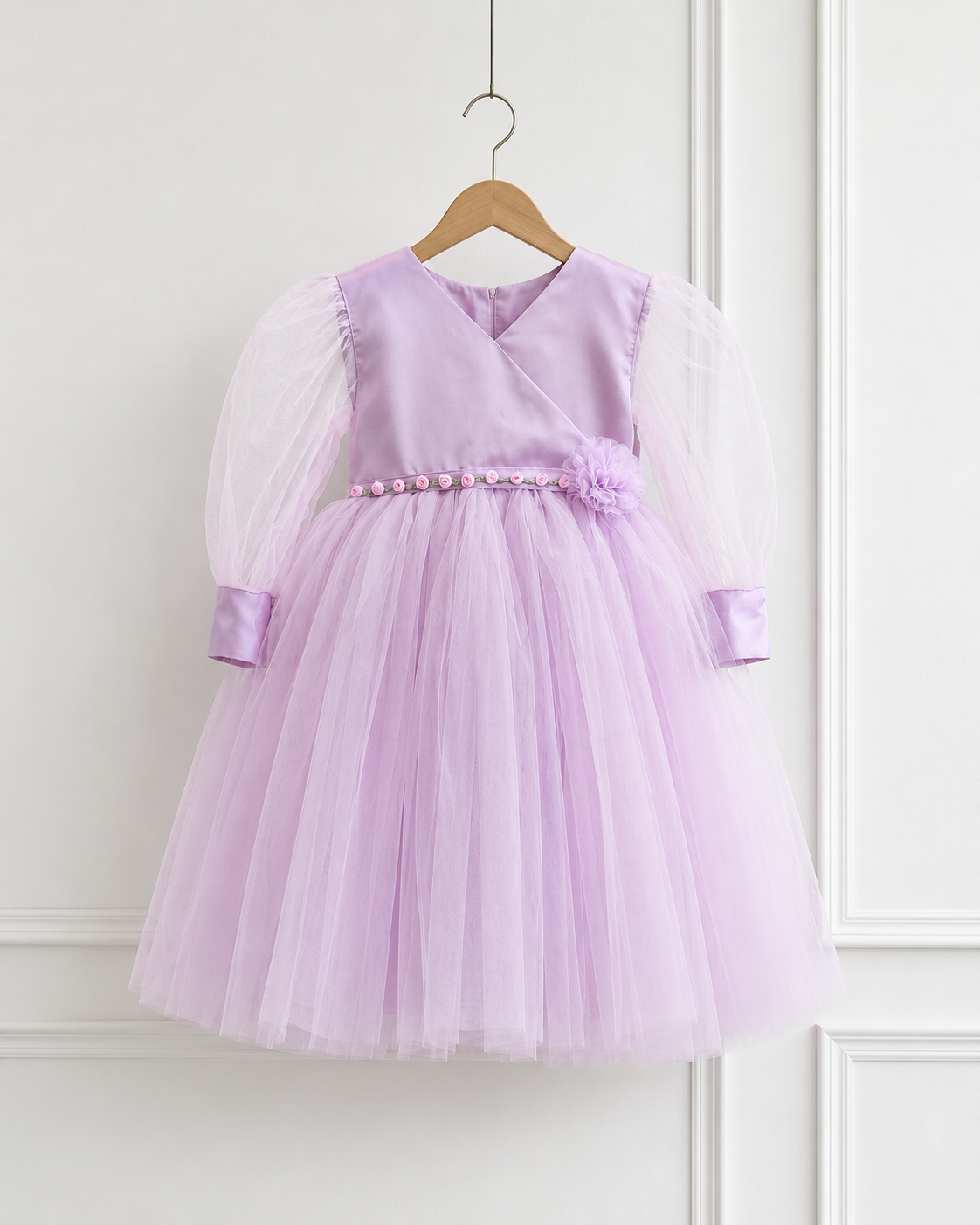 Lavender princess dress for girls with sheer puff sleeves, layered tulle skirt and floral waist detail – front view