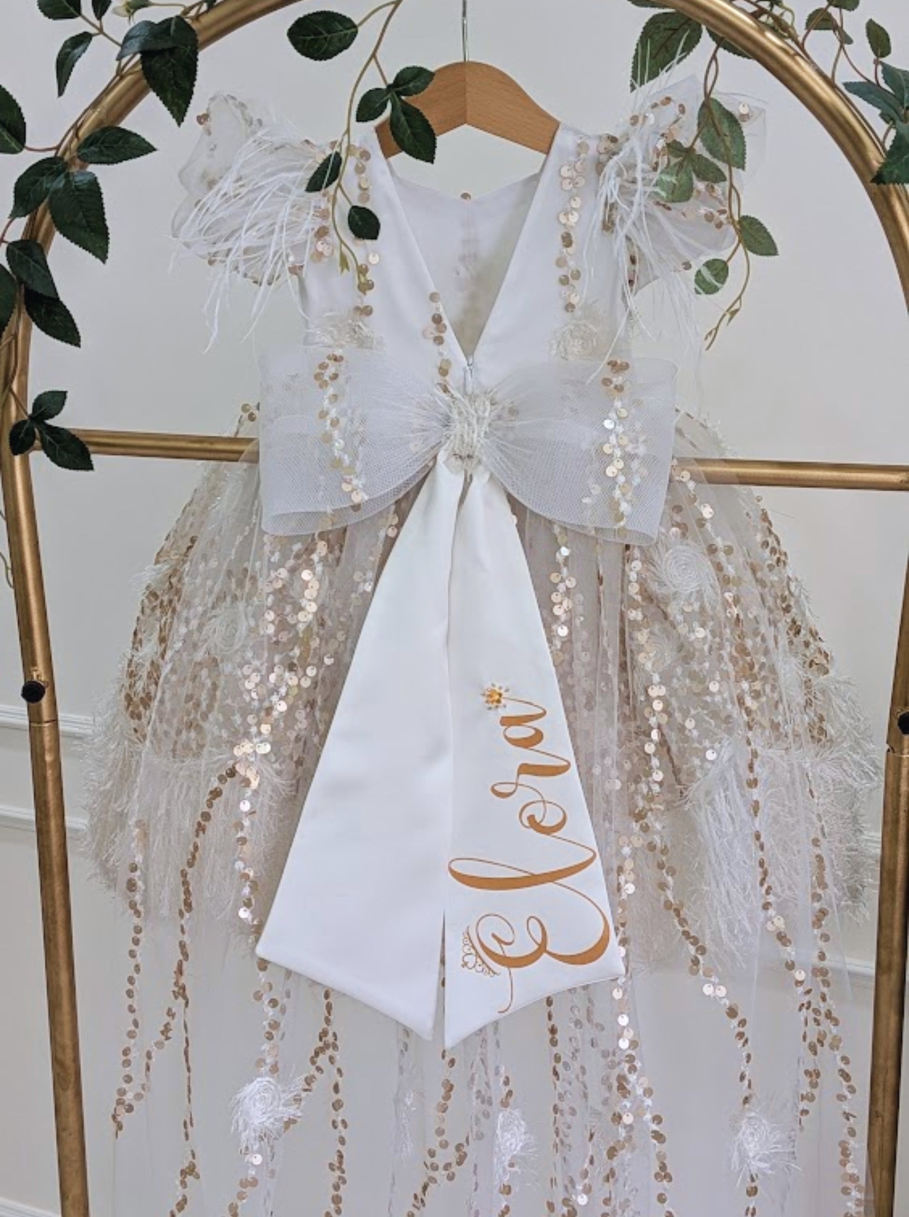 Ivory & Champagne Gold Couture Dress with Sequin Lace & Feather Detailing | Luxury Party & Wedding Dress for Girls