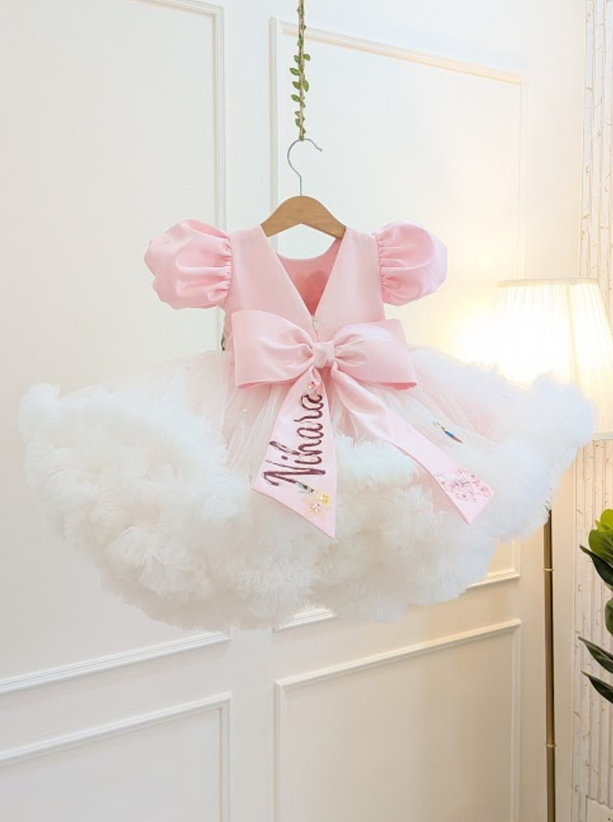 Hand embroidered fairy birthday dress with 3D butterfly appliques