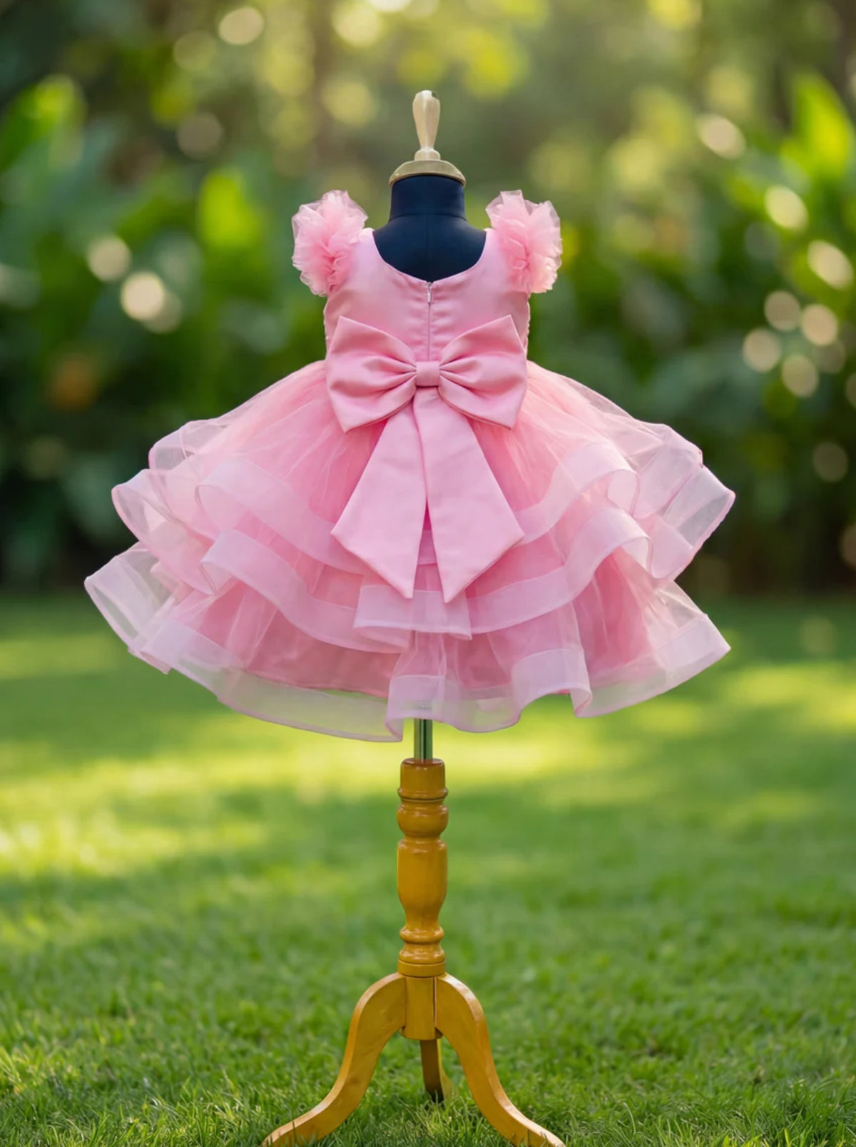 Back view of pink tulle birthday dress for girls with satin bow