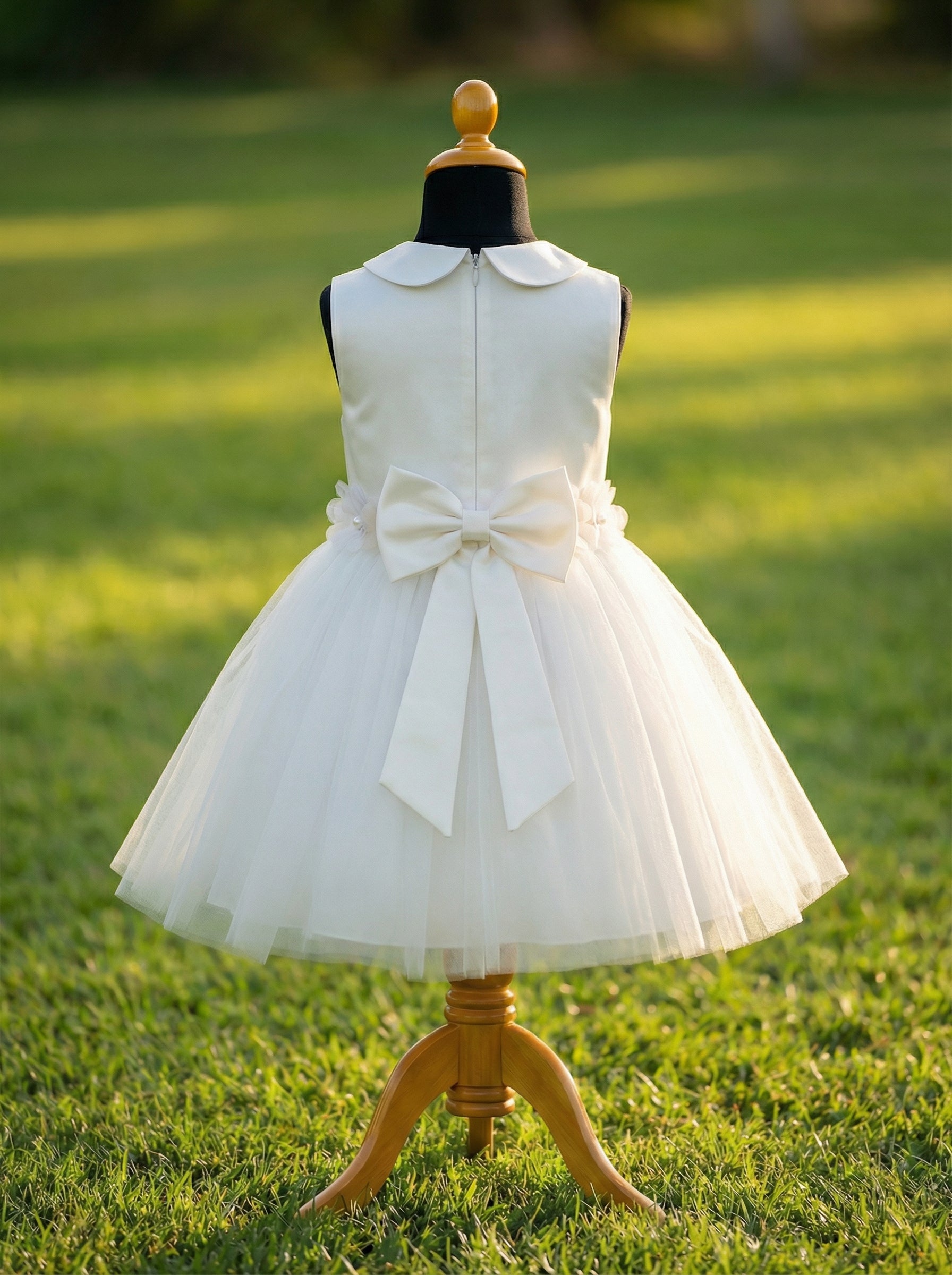Ivory White Sleeveless Tulle Dress with Peter Pan Collar & Back Bow – Girls Special Occasion Dress