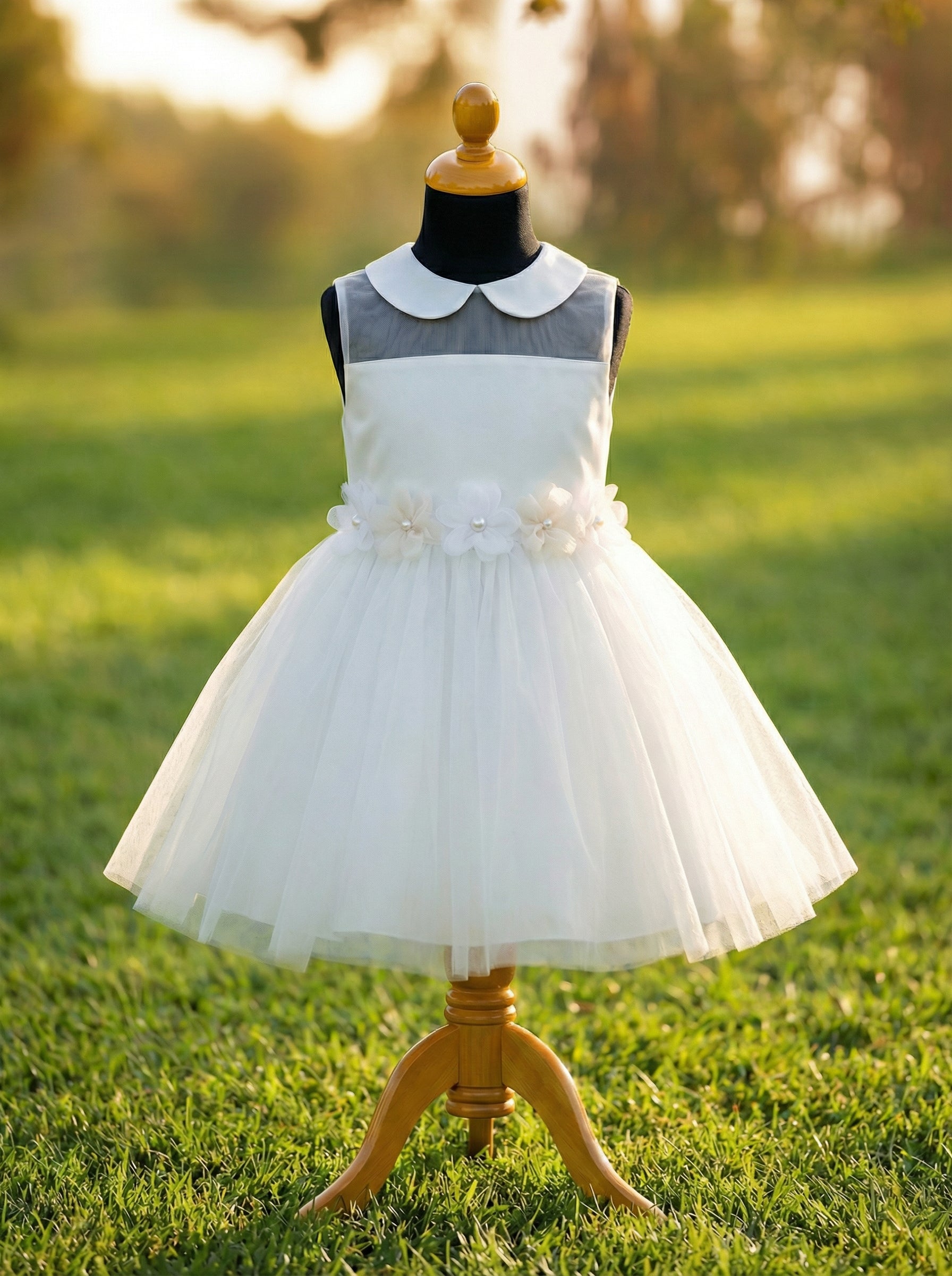 Ivory White Sleeveless Tulle Dress with Peter Pan Collar & Back Bow – Girls Special Occasion Dress