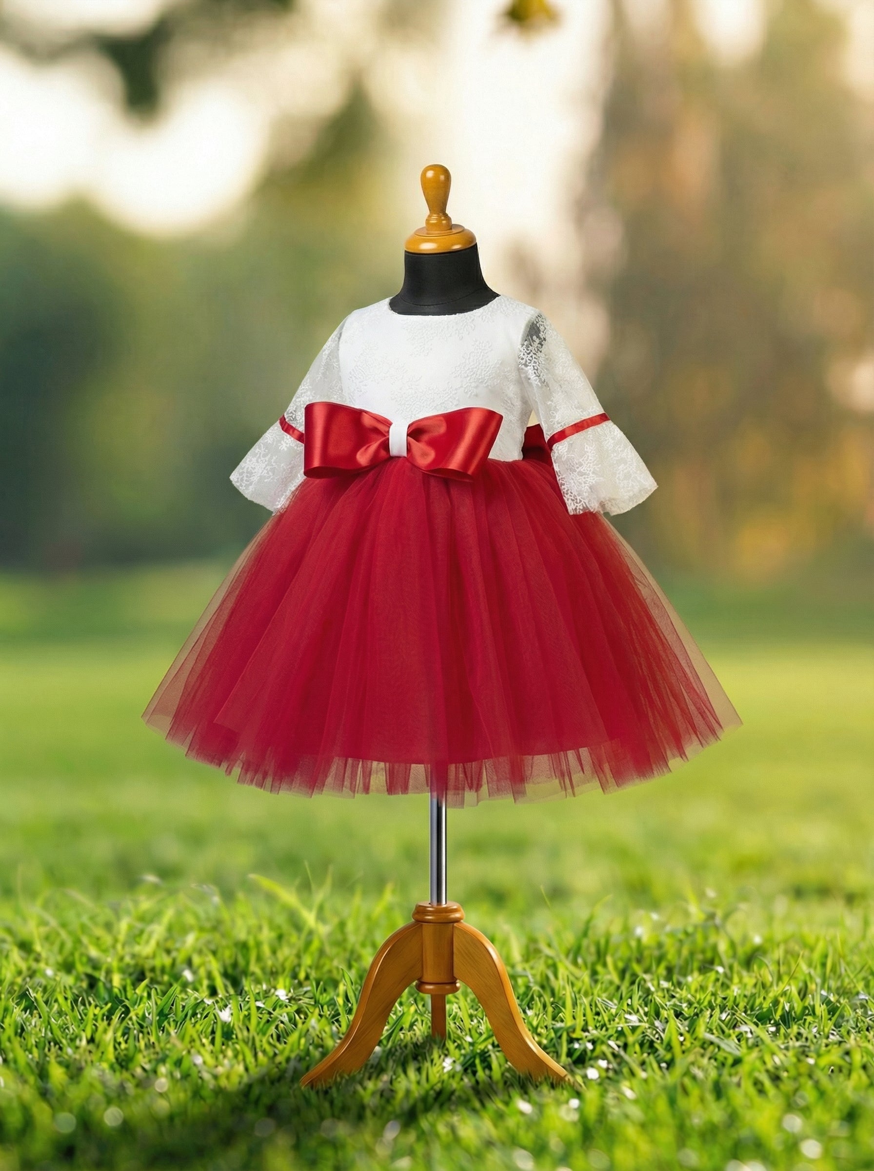 Red & White Lace Flower Girl Dress with Satin Bow, Layered Tulle Skirt and Lantern Sleeves