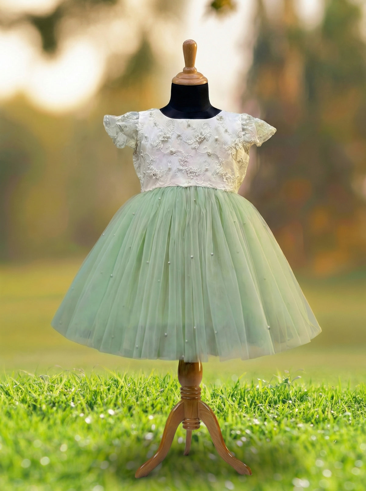 pista green color dress Flower Girl Colour For Kids Green Party Wear Gown With Floral And Bow VENDOR COLOR-IVORY BROWN
