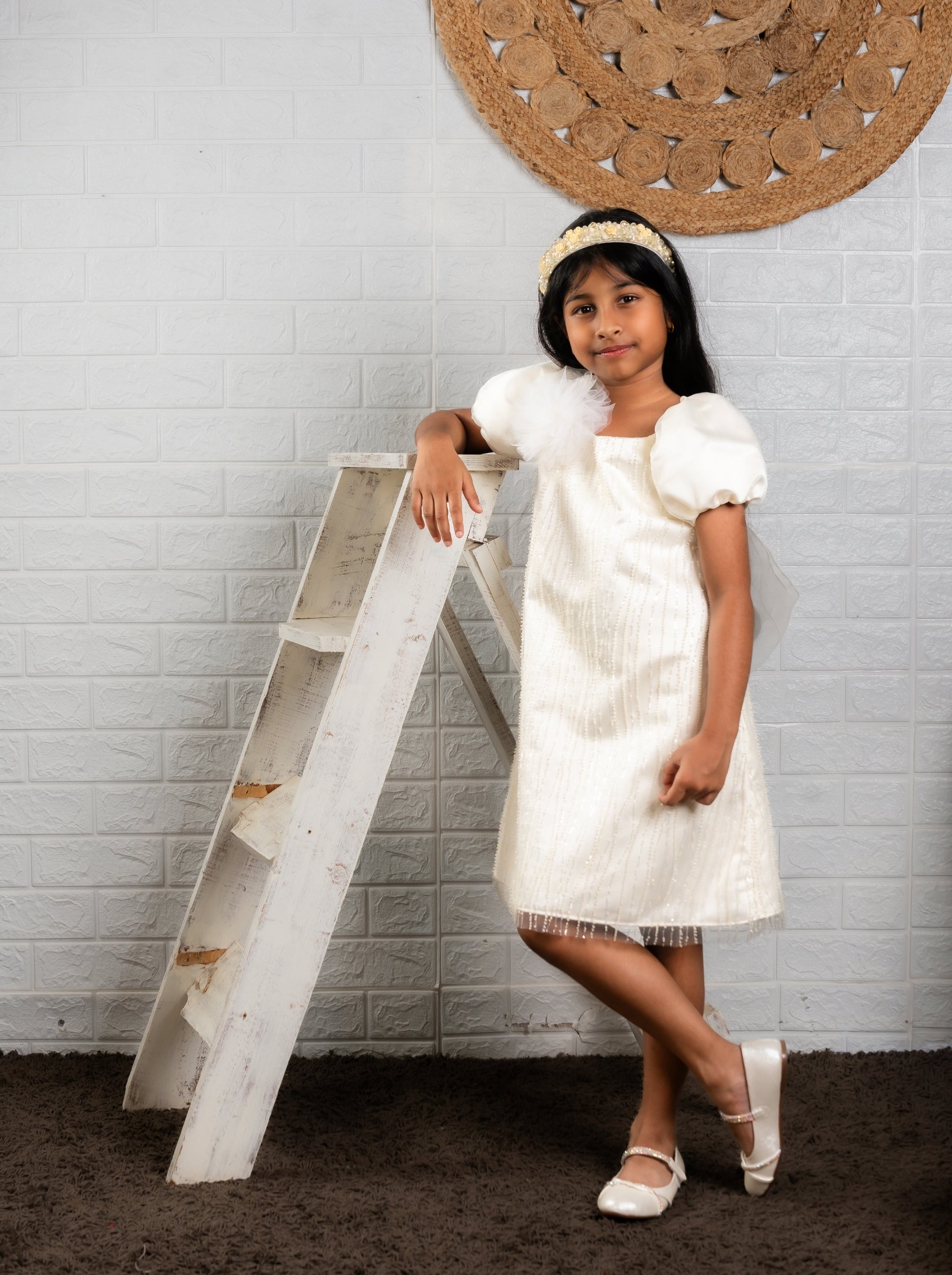 Cream Beaded Fabric Dress with Puff Sleeves & Tulle Flowers | Birthday Party Dress | Luxury Special Occasion Dress for Girls