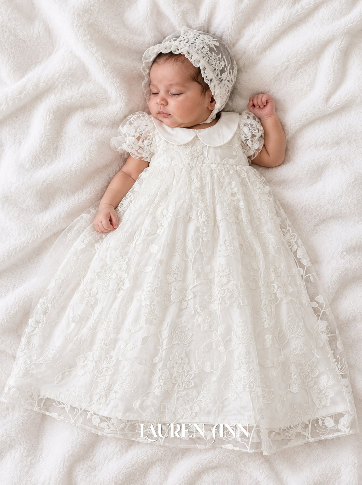 Claire | White Floral Lace Baptism & Christening Dress Set for Baby Girl
