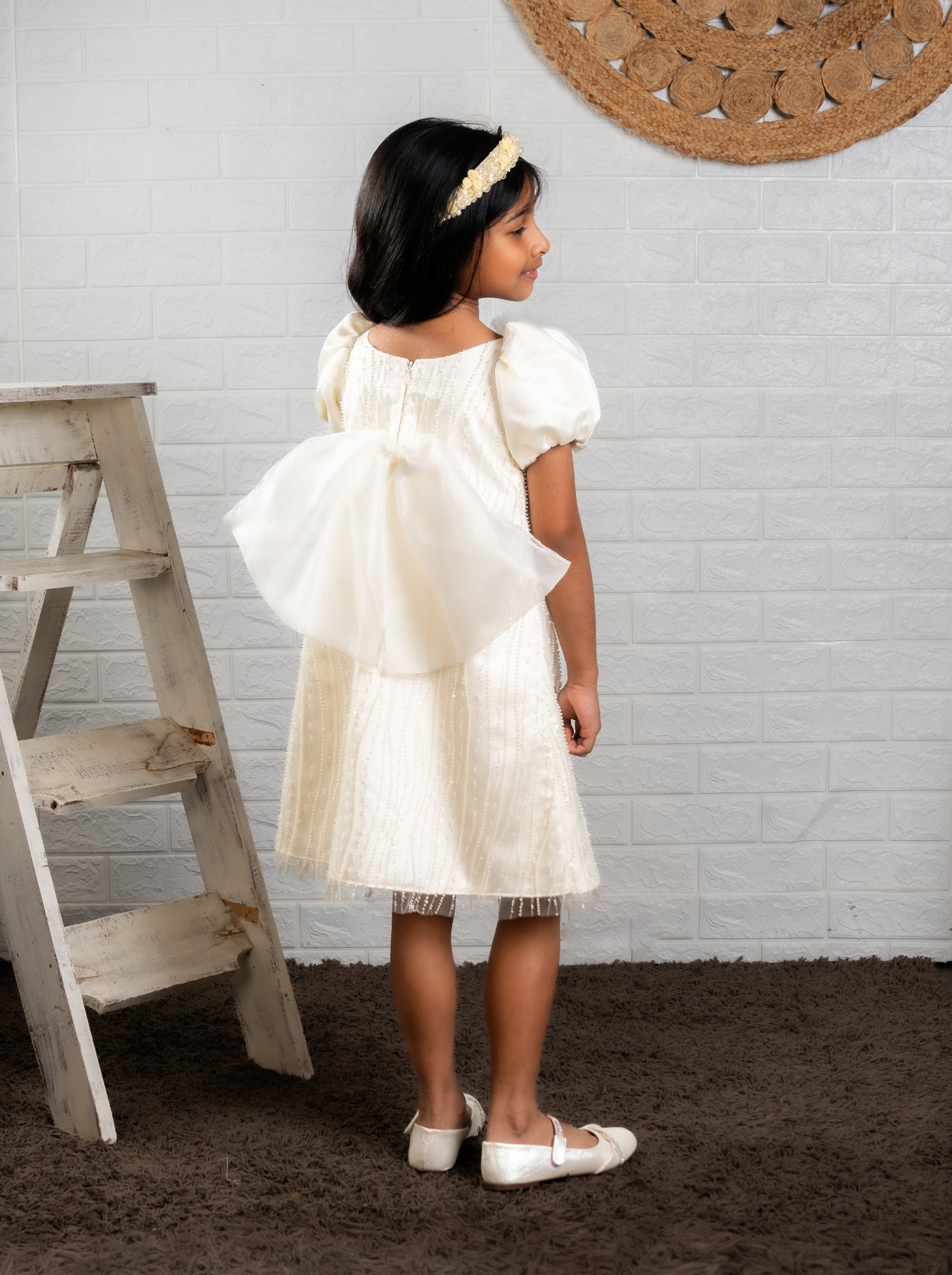 Cream Beaded Fabric Dress with Puff Sleeves & Tulle Flowers | Birthday Party Dress | Luxury Special Occasion Dress for Girls