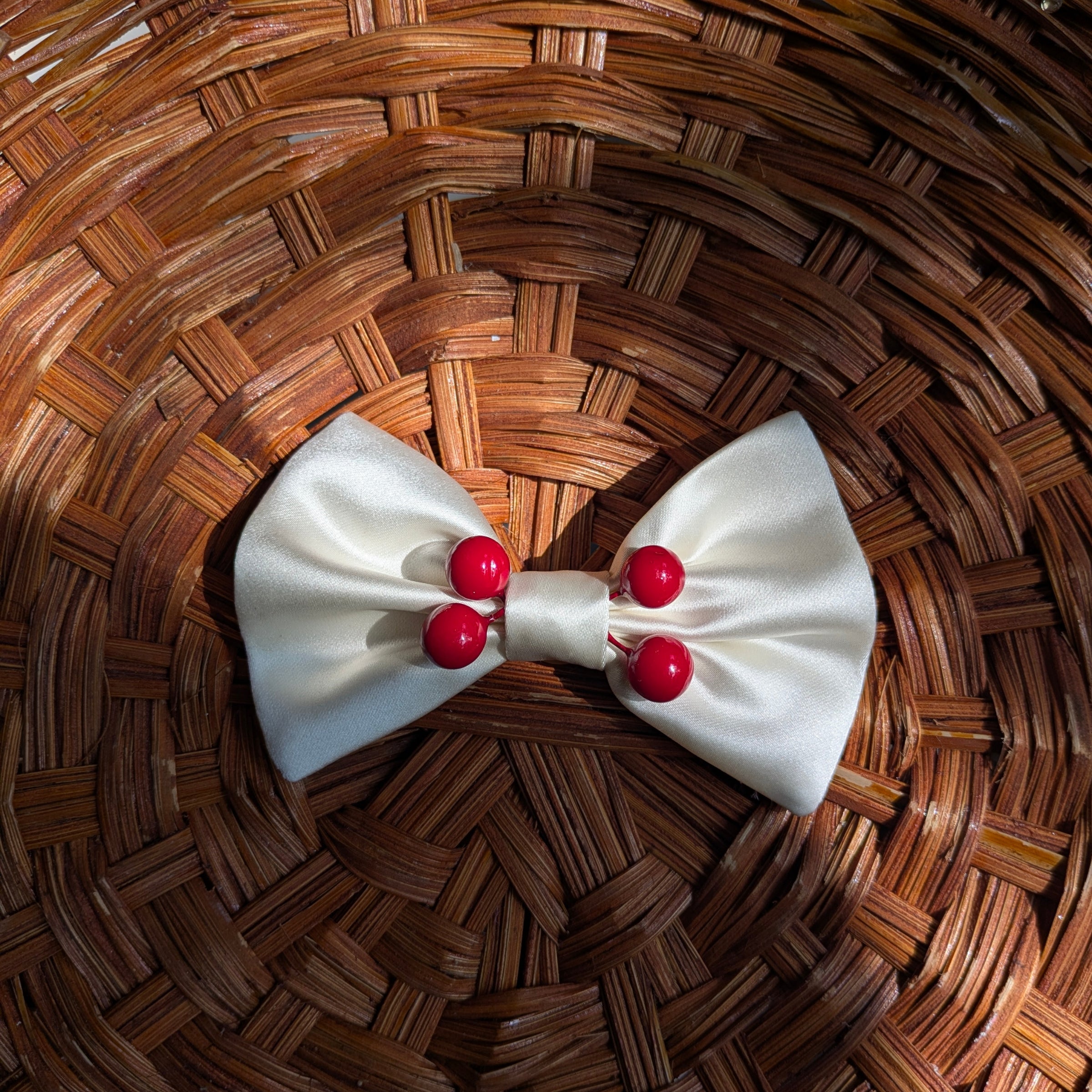 White Satin Bow with red cherries for little girls