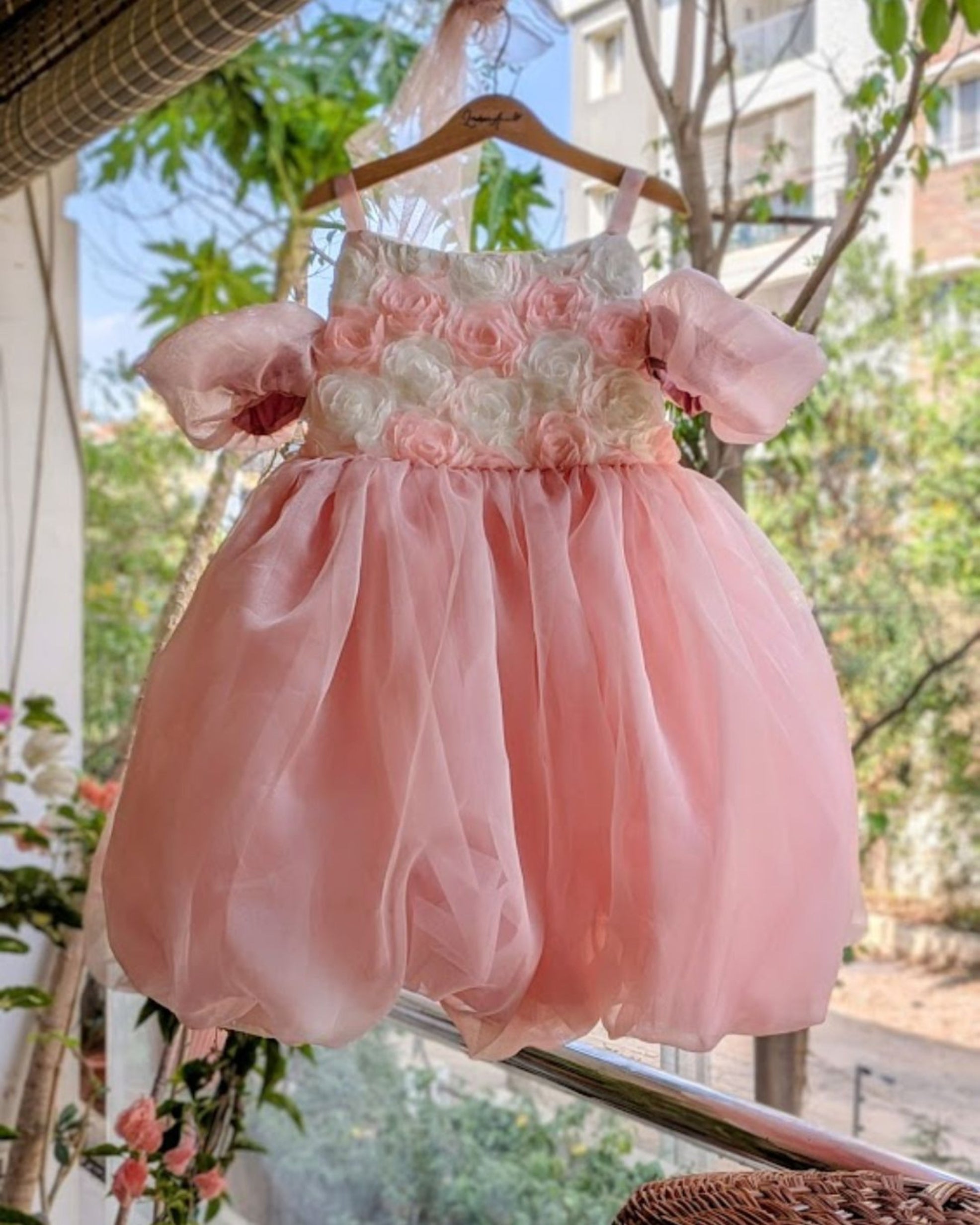 Rosette Blush Pink Cold Shoulder Balloon Dress