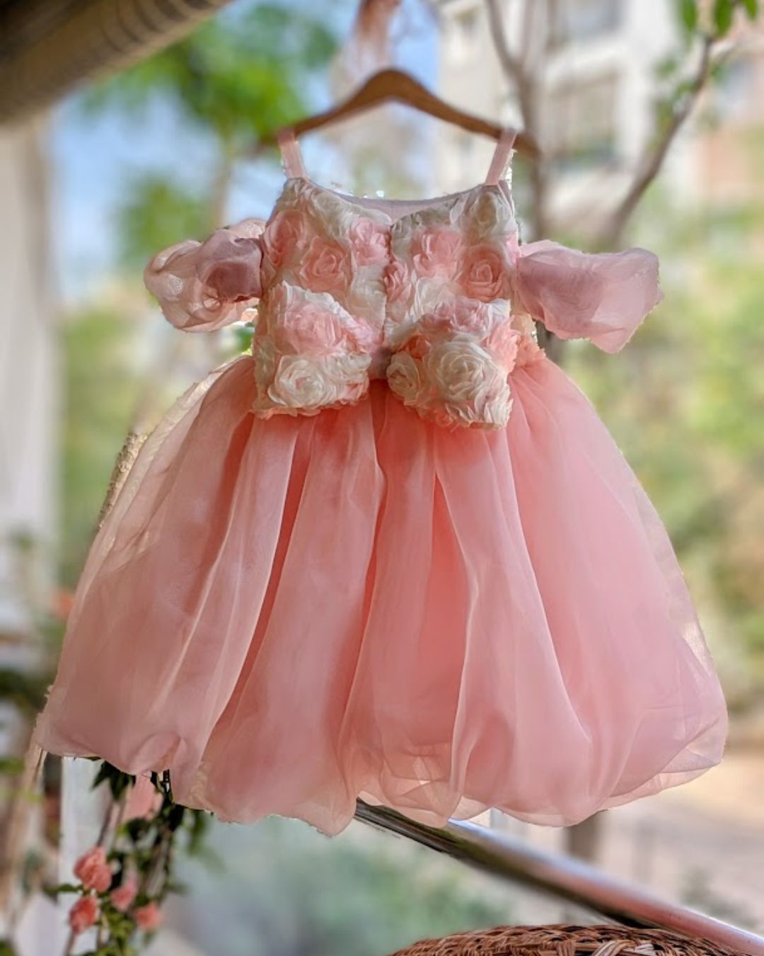 Rosette Blush Pink Cold Shoulder Balloon Dress