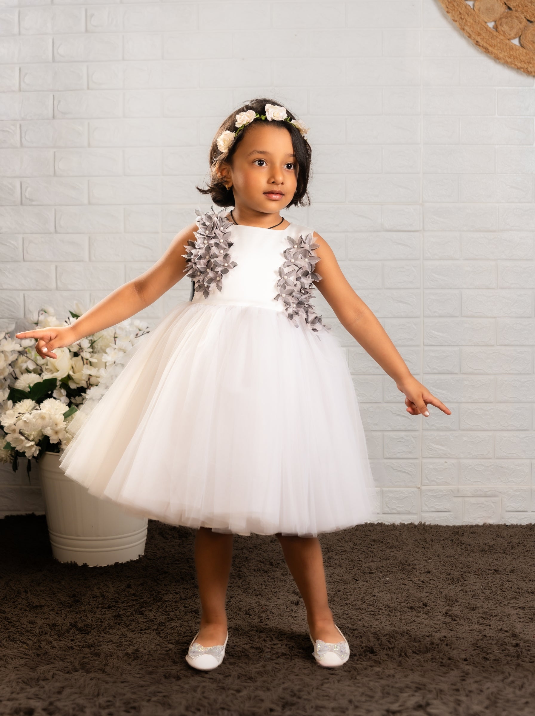 White Satin & Tulle Dress with Gray Floral Appliqué | Luxury Special Occasion Dress for Girls