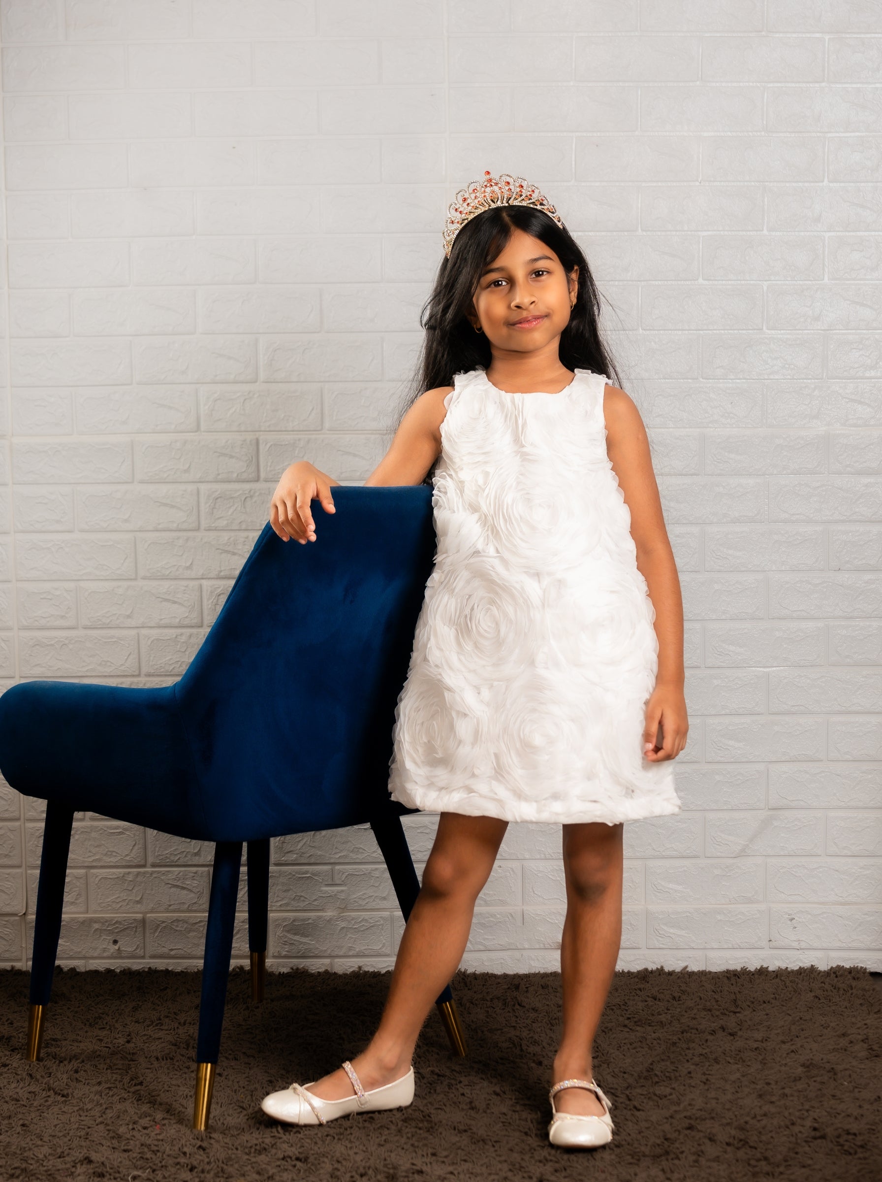 White Floral Textured A‑Line Dress | Luxury Special Occasion Dress for Girls