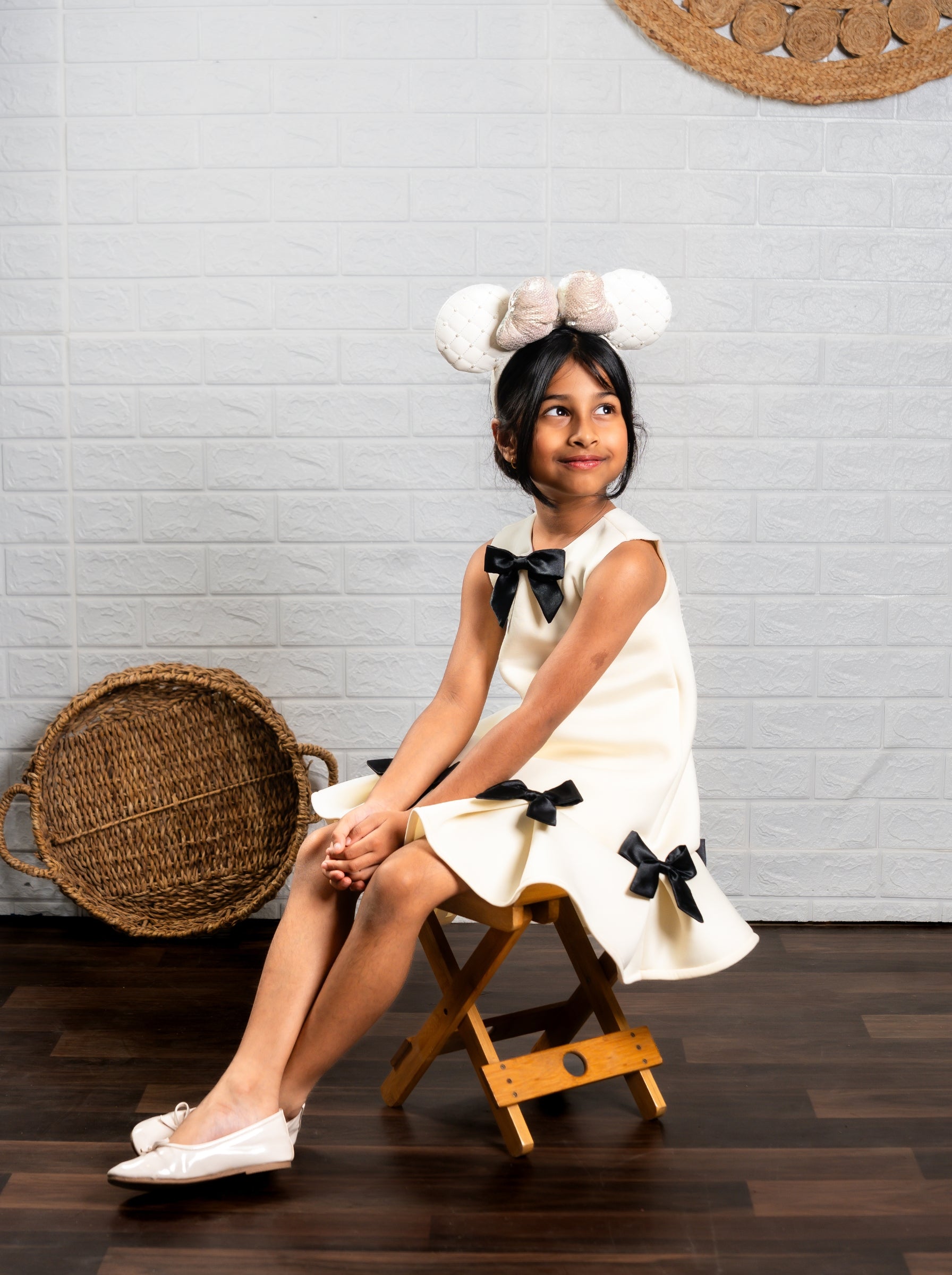 Cream Satin & Black Bow Couture Dress | Birthday Party Dress | Luxury Special Occasion Dress for Girls