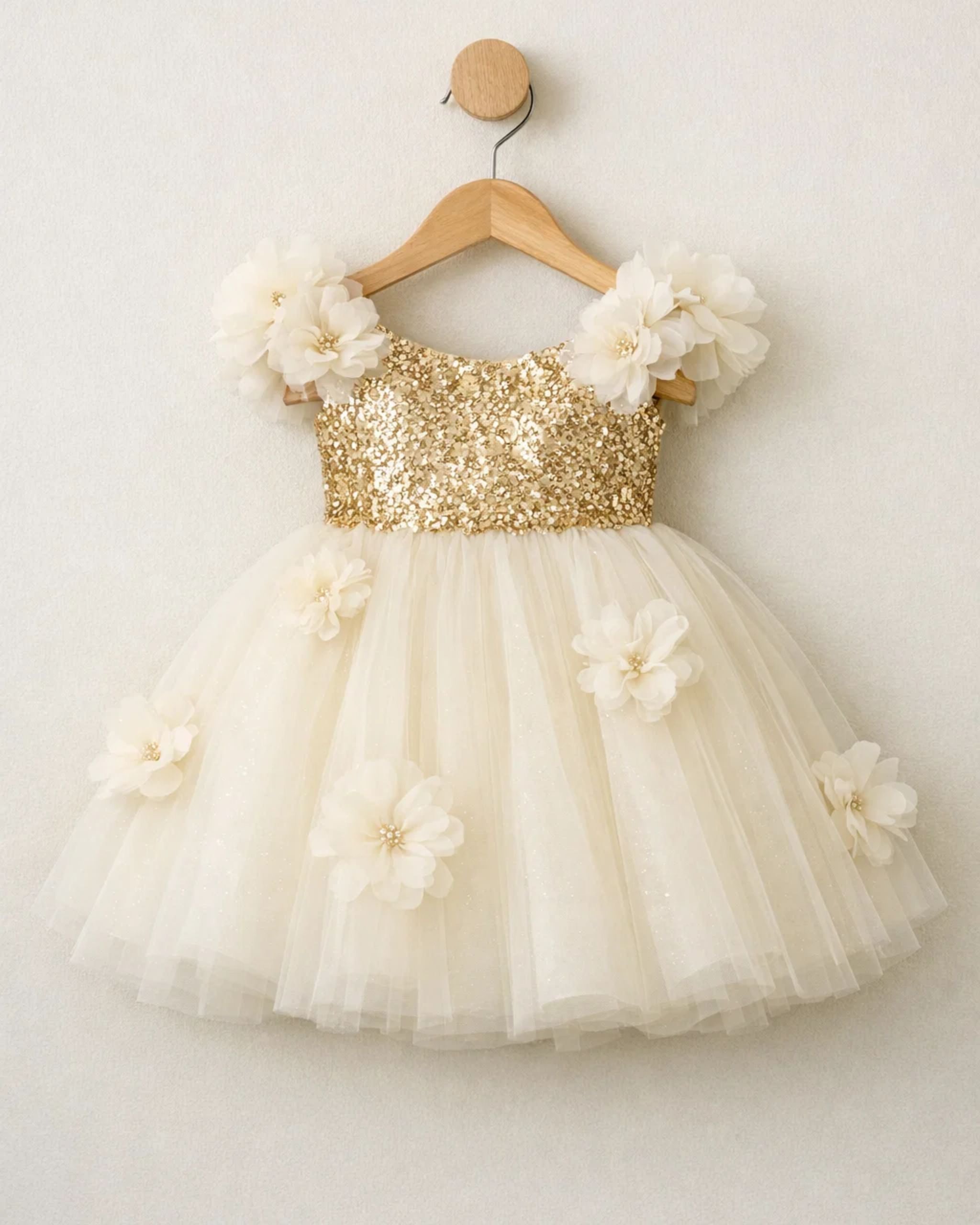 Gold Sequin & Cream Tulle Flower Girl Dress with Handmade Floral Appliqué | Birthday Party Dress | Luxury Special Occasion Dress for Girls