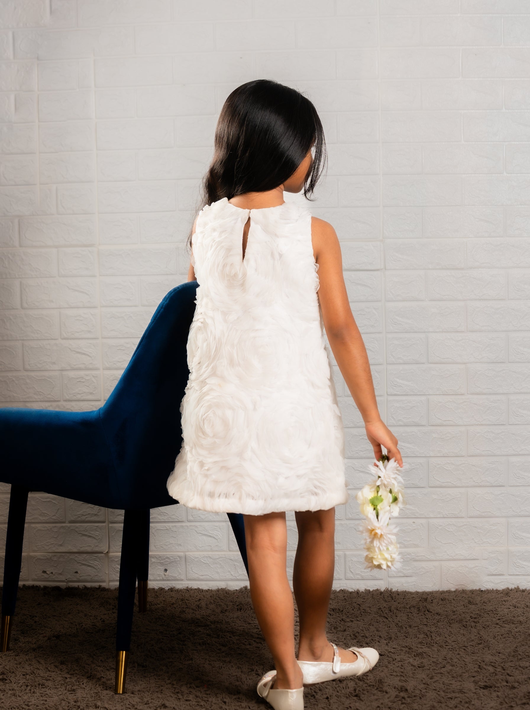 White Floral Textured A‑Line Dress | Luxury Special Occasion Dress for Girls