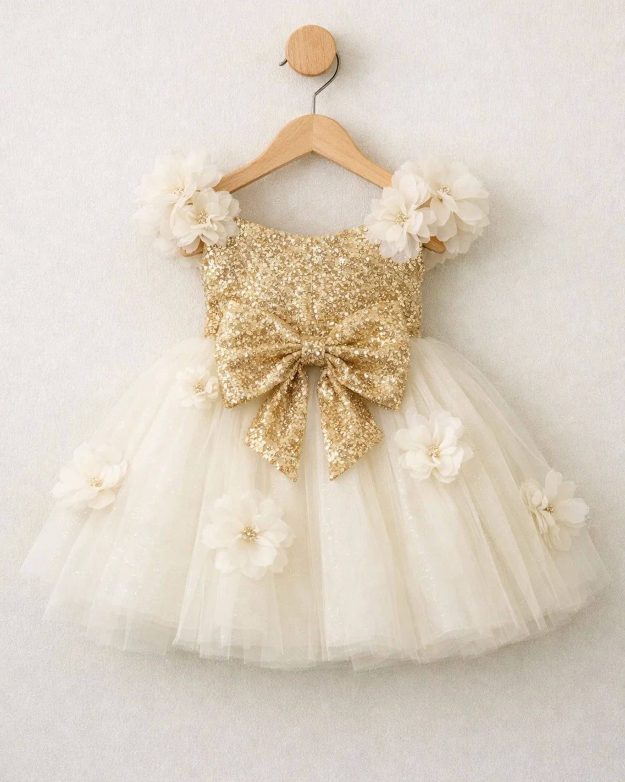 Gold Sequin & Cream Tulle Flower Girl Dress with Handmade Floral Appliqué | Birthday Party Dress | Luxury Special Occasion Dress for Girls