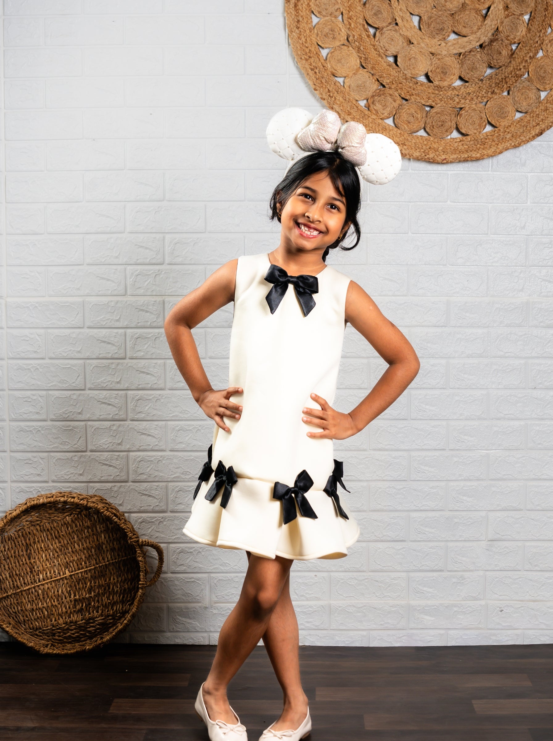 Cream Satin & Black Bow Couture Dress | Birthday Party Dress | Luxury Special Occasion Dress for Girls