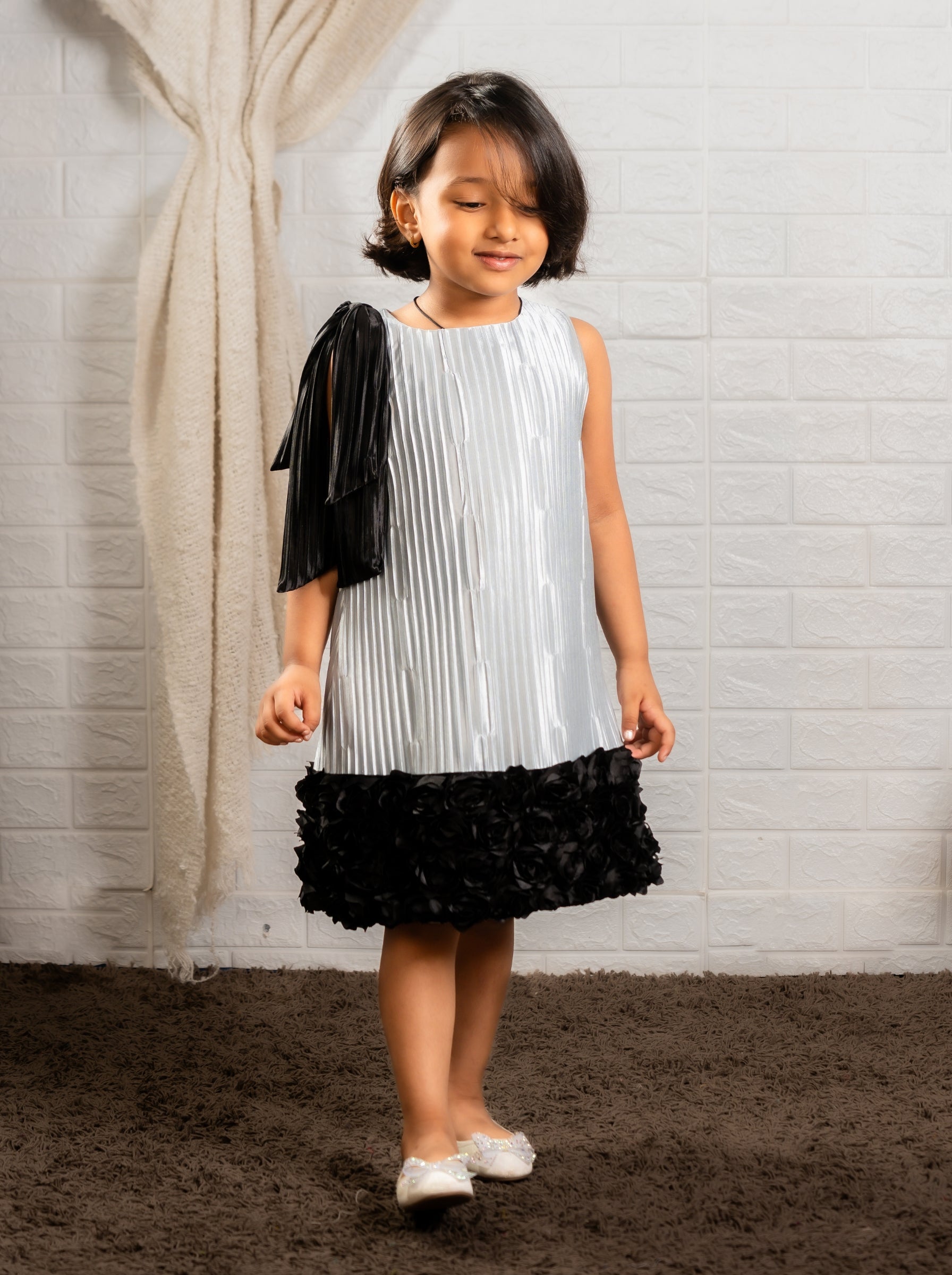 Silver Pleated Bodice & Black Floral Textured Dress | Birthday Party Dress | Luxury Special Occasion Dress for Girls