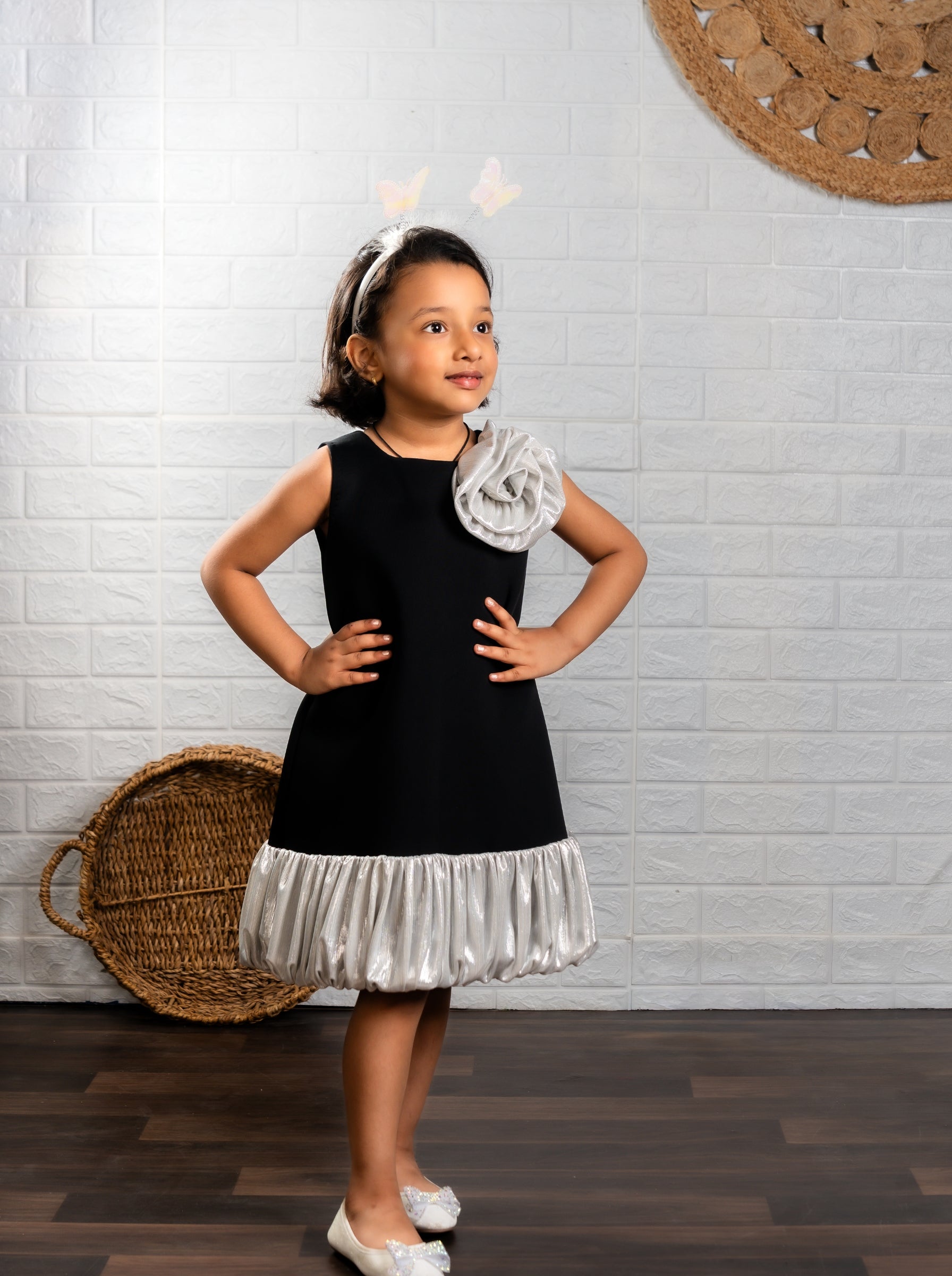 Black Neoprene Dress with Silver Ruffle Hem & Shoulder Flower | Birthday Party Dress | Luxury Special Occasion Dress for Girls
