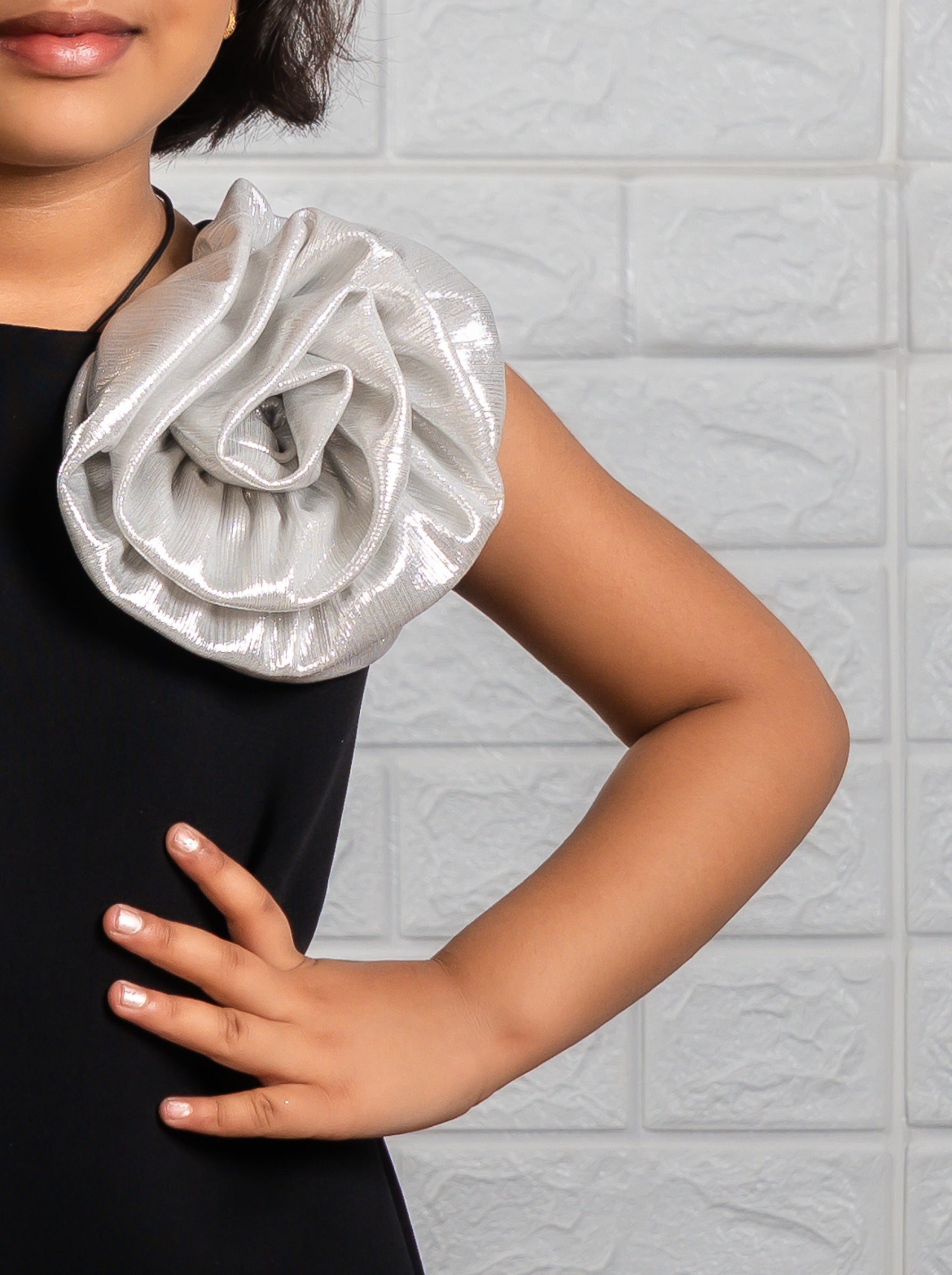 Black Neoprene Dress with Silver Ruffle Hem & Shoulder Flower | Birthday Party Dress | Luxury Special Occasion Dress for Girls