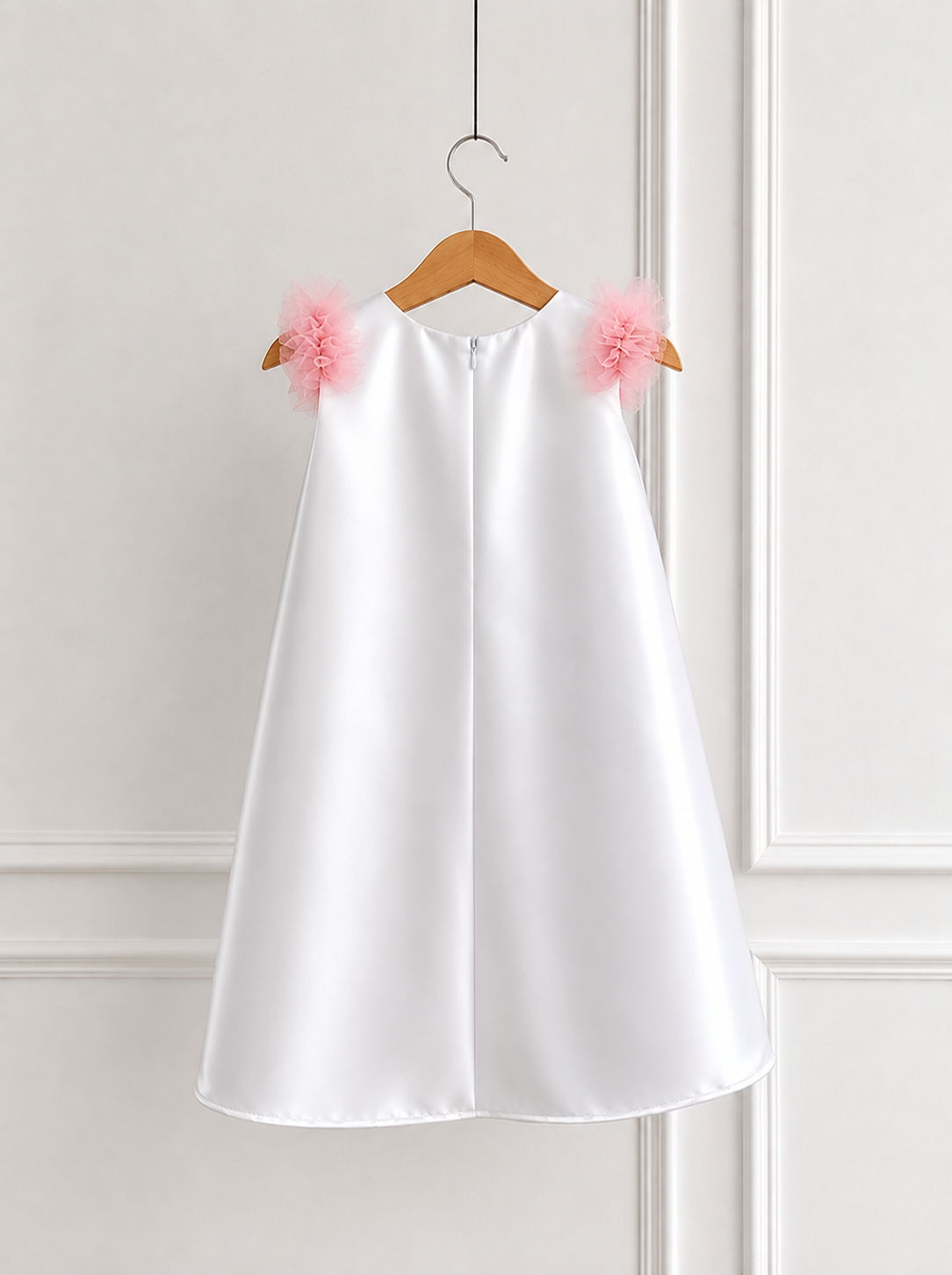 Princess Appliqué Satin A-Line Dress for Girls – White with Blush Pink Tulle Shoulders
