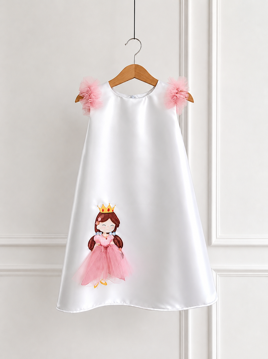 Princess Appliqué Satin A-Line Dress for Girls – White with Blush Pink Tulle Shoulders