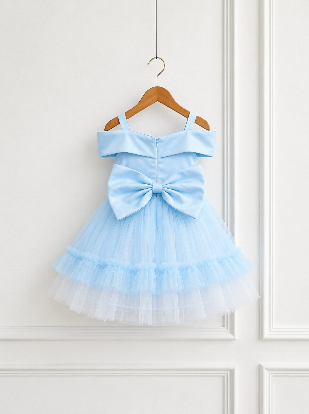 Powder Blue Satin & Tulle Flower Girl Dress – Off‑Shoulder Party Outfit for Girls