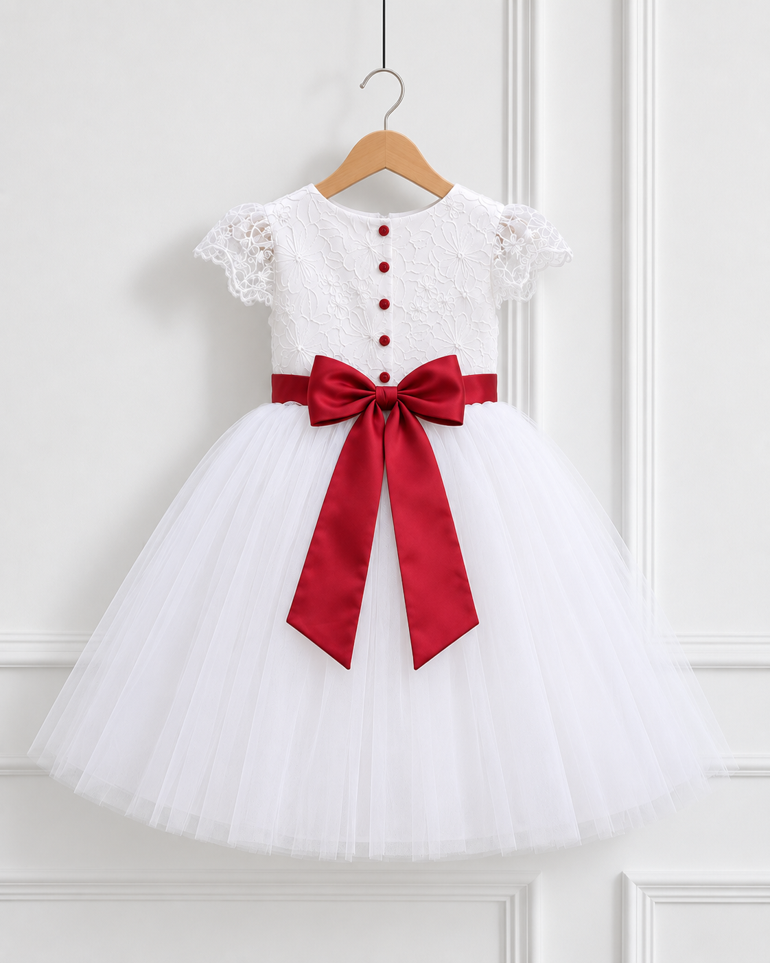 White Lace Party Dress for Girls with Red Satin Bow & Tulle Skirt