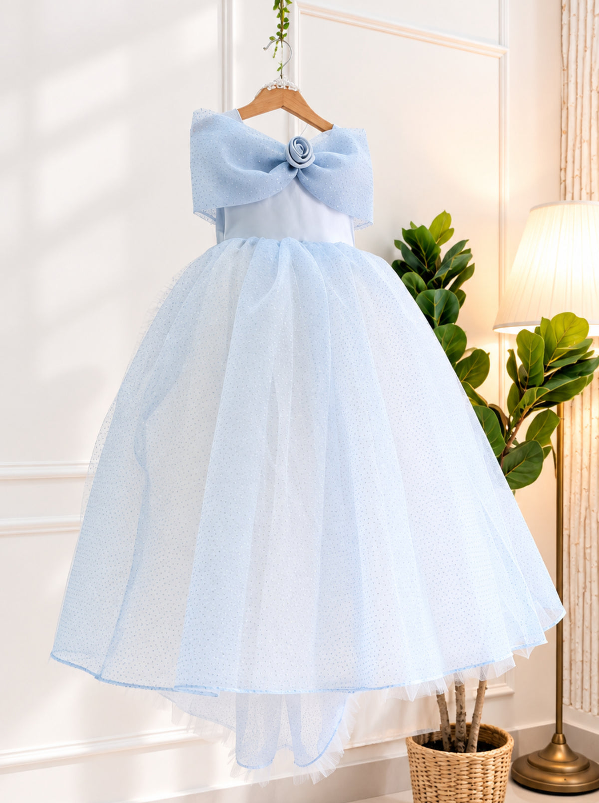 Elsa inspired blue princess dress for girls with shimmering net, detachable trail and matching hairband