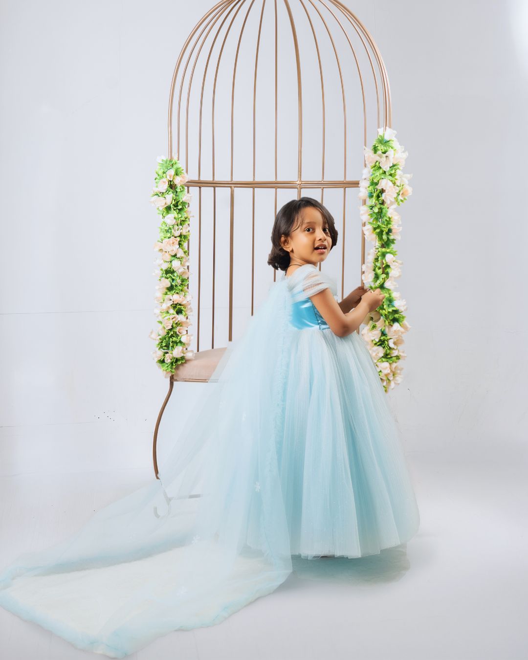 Elsa Inspired Ice Blue Satin & Tulle Gown with Detachable Cape | Princess Occasion Gown for Girls