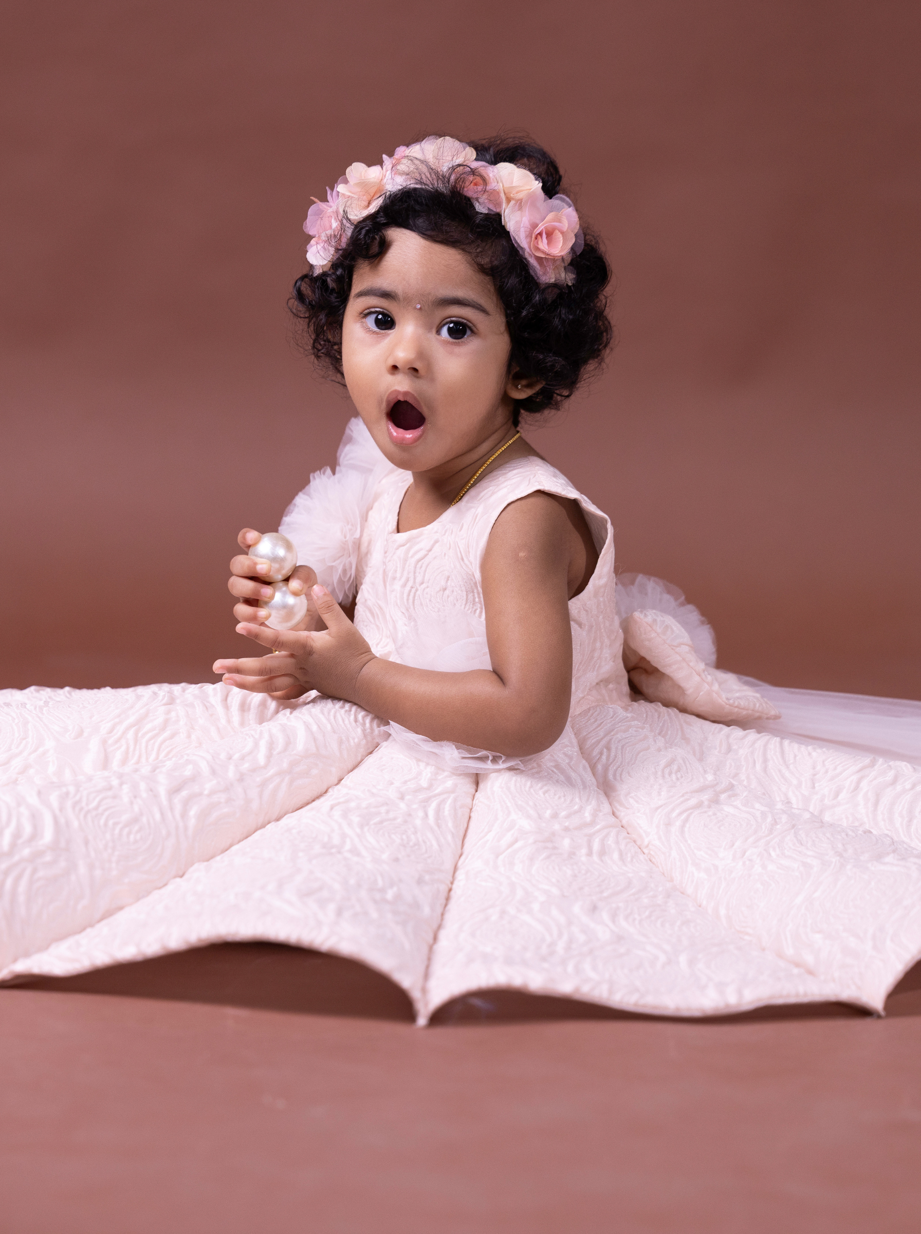 Blush Pink Panel Gown with Textured Fabric and Soft Tulle Flower Sleeves