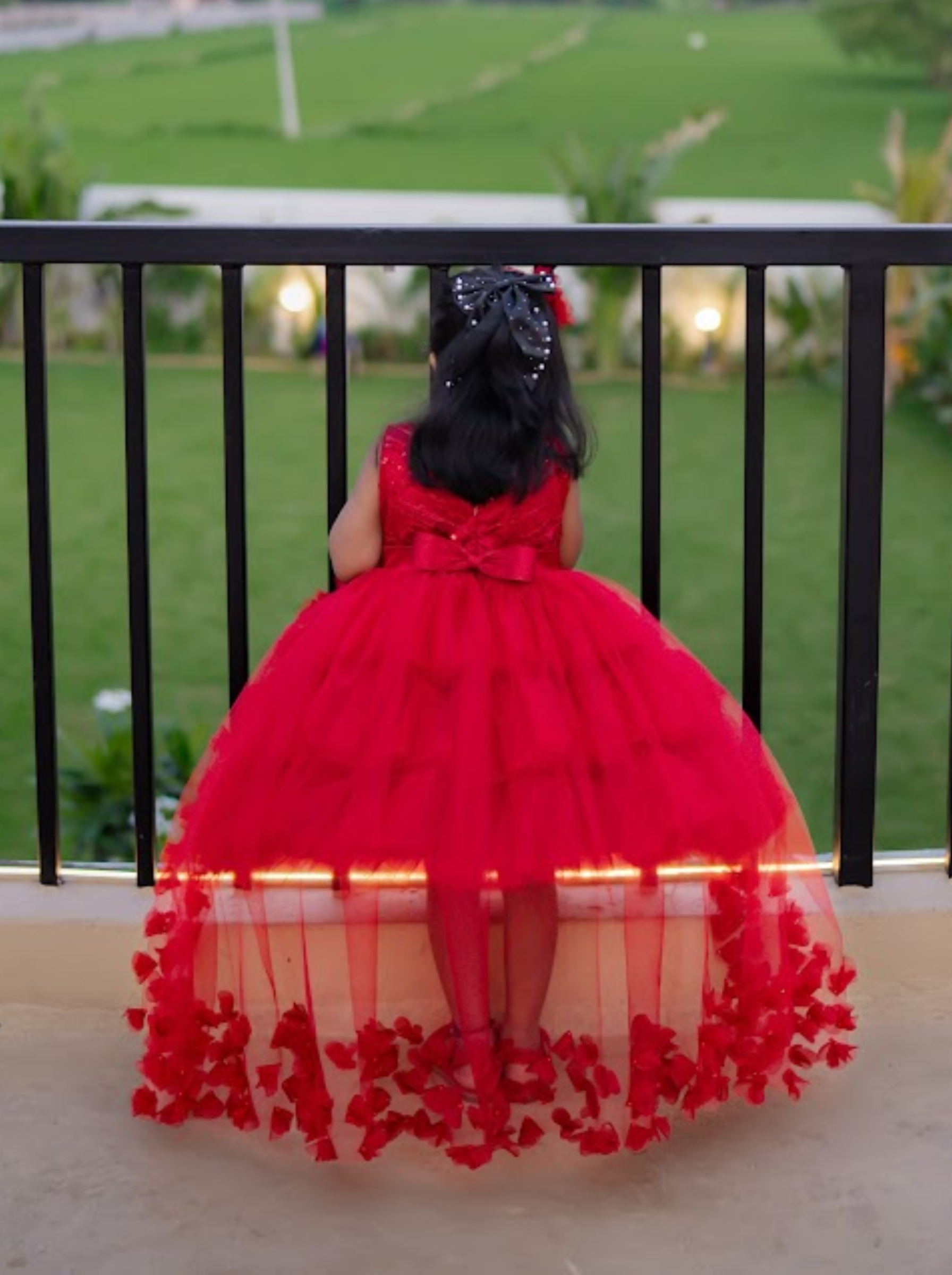Premium Couture Red Floral Appliqué Party Dress for Girls | Hand Made Statement Gown