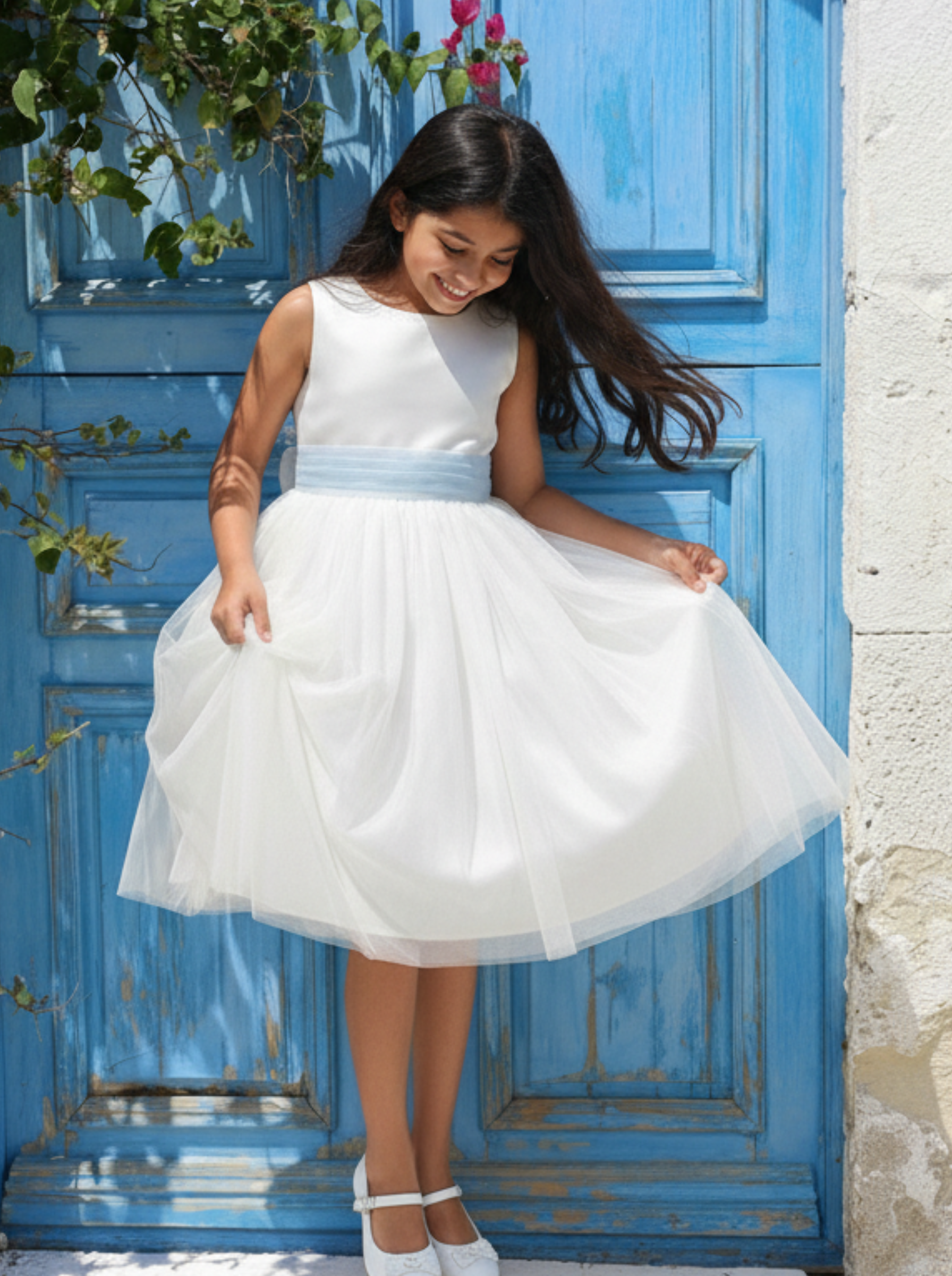 White Bridal Satin Flower Girl Dress with Powder Blue Bow | Powder Blue Wedding Theme Dress for Kids