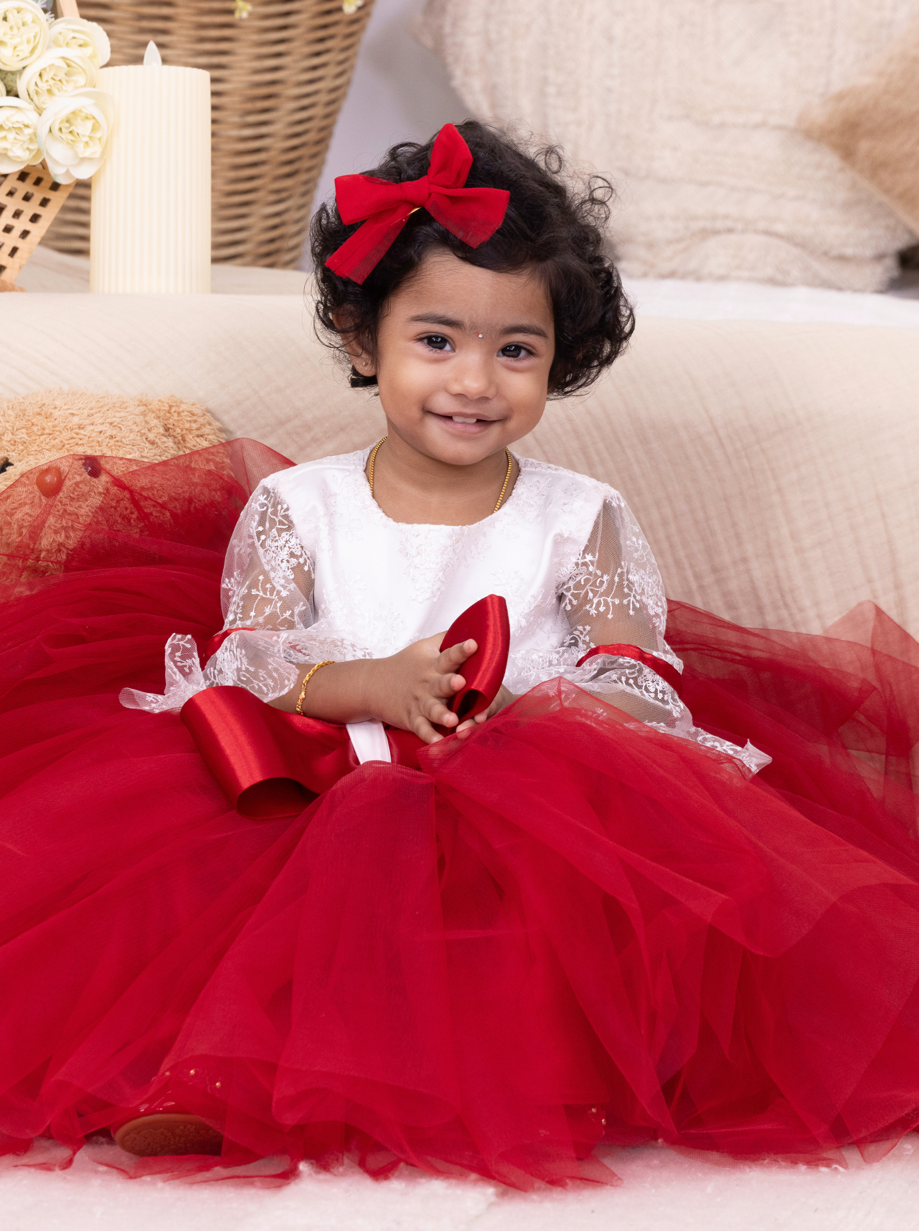 Red & White Lace Flower Girl Dress with Satin Bow, Layered Tulle Skirt and Lantern Sleeves