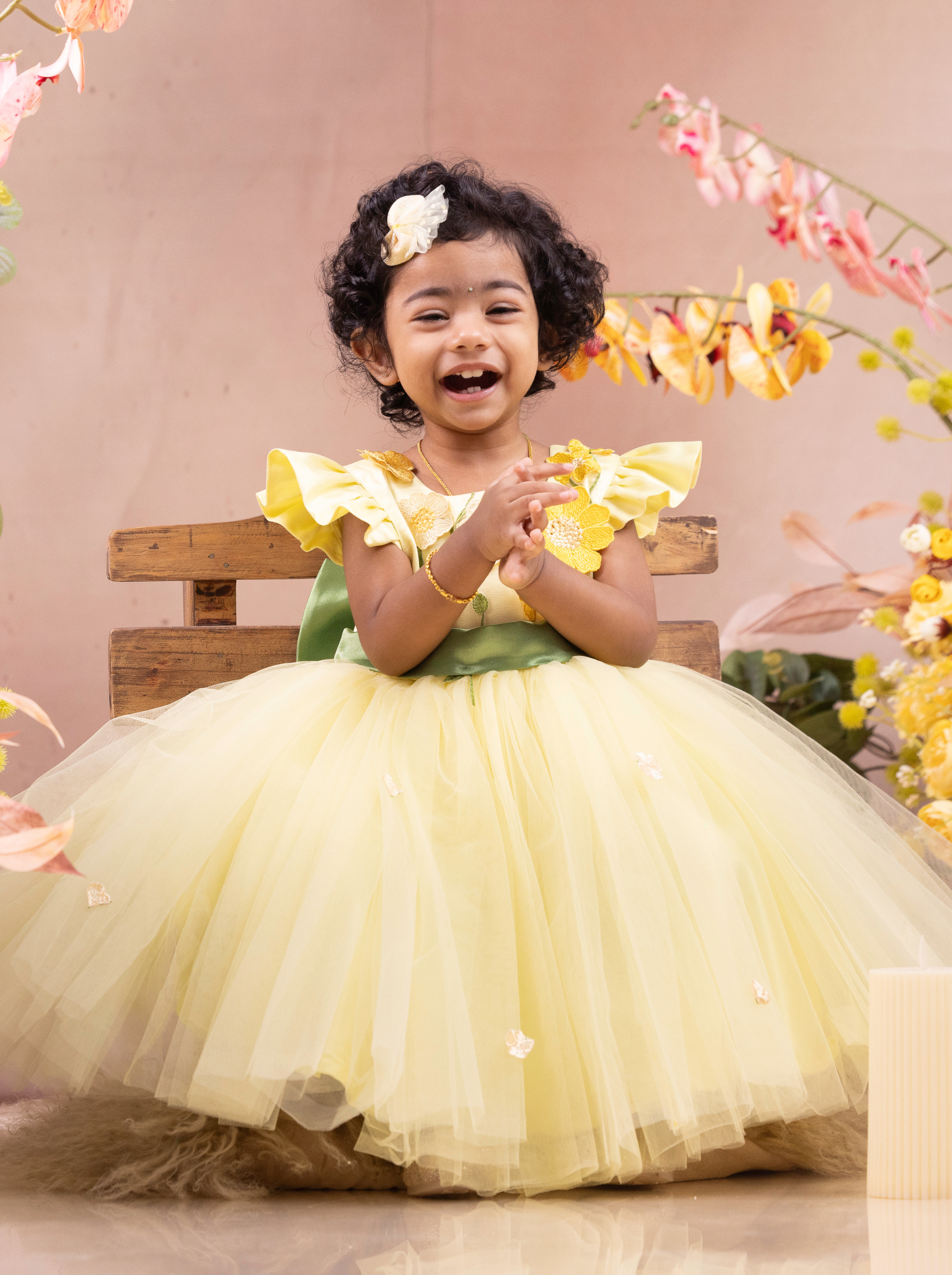 Yellow Floral Embroidered Flower Girl Dress with Green Bow & Soft Tulle Skirt
