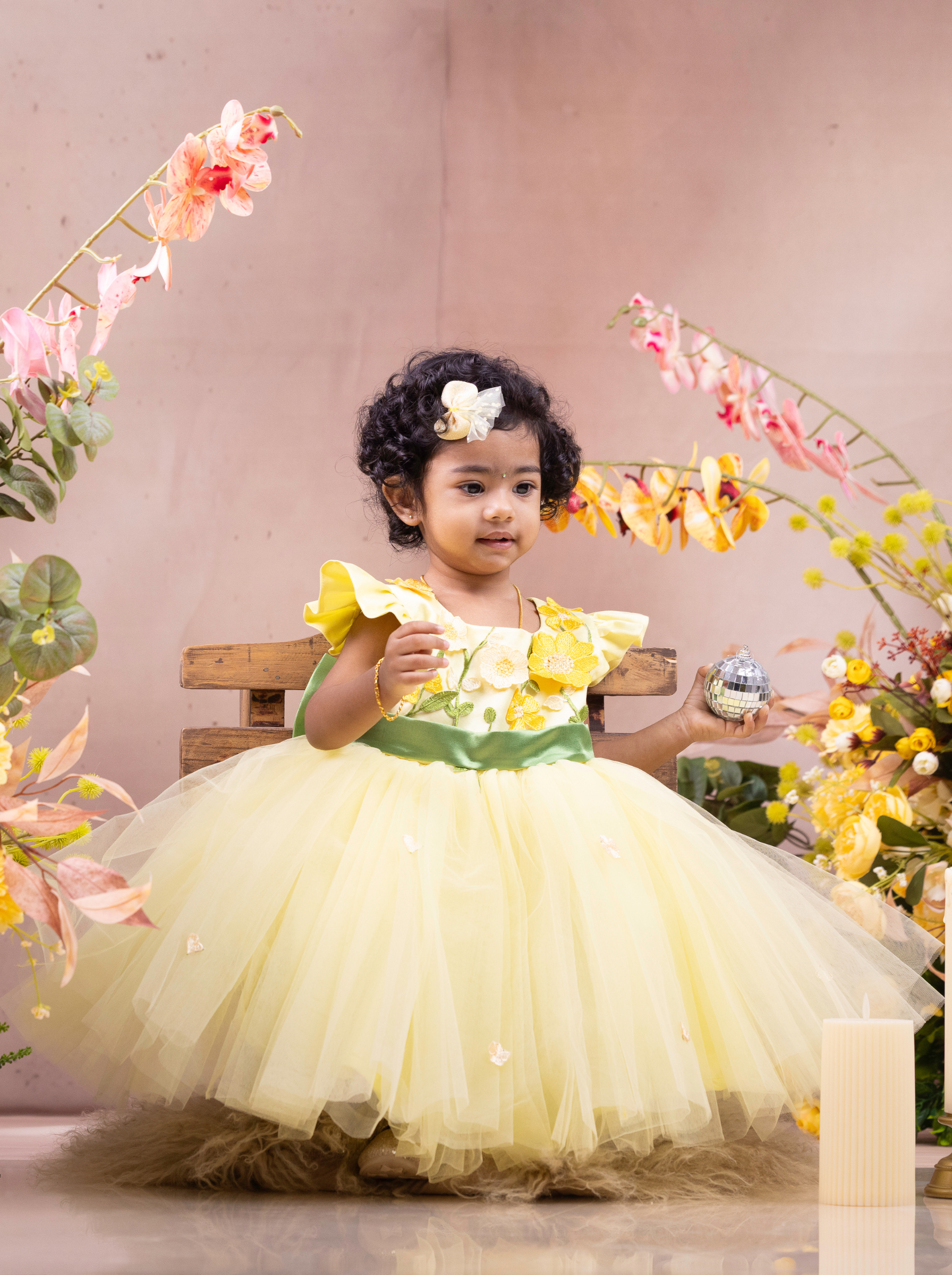 Yellow Floral Embroidered Flower Girl Dress with Green Bow & Soft Tulle Skirt
