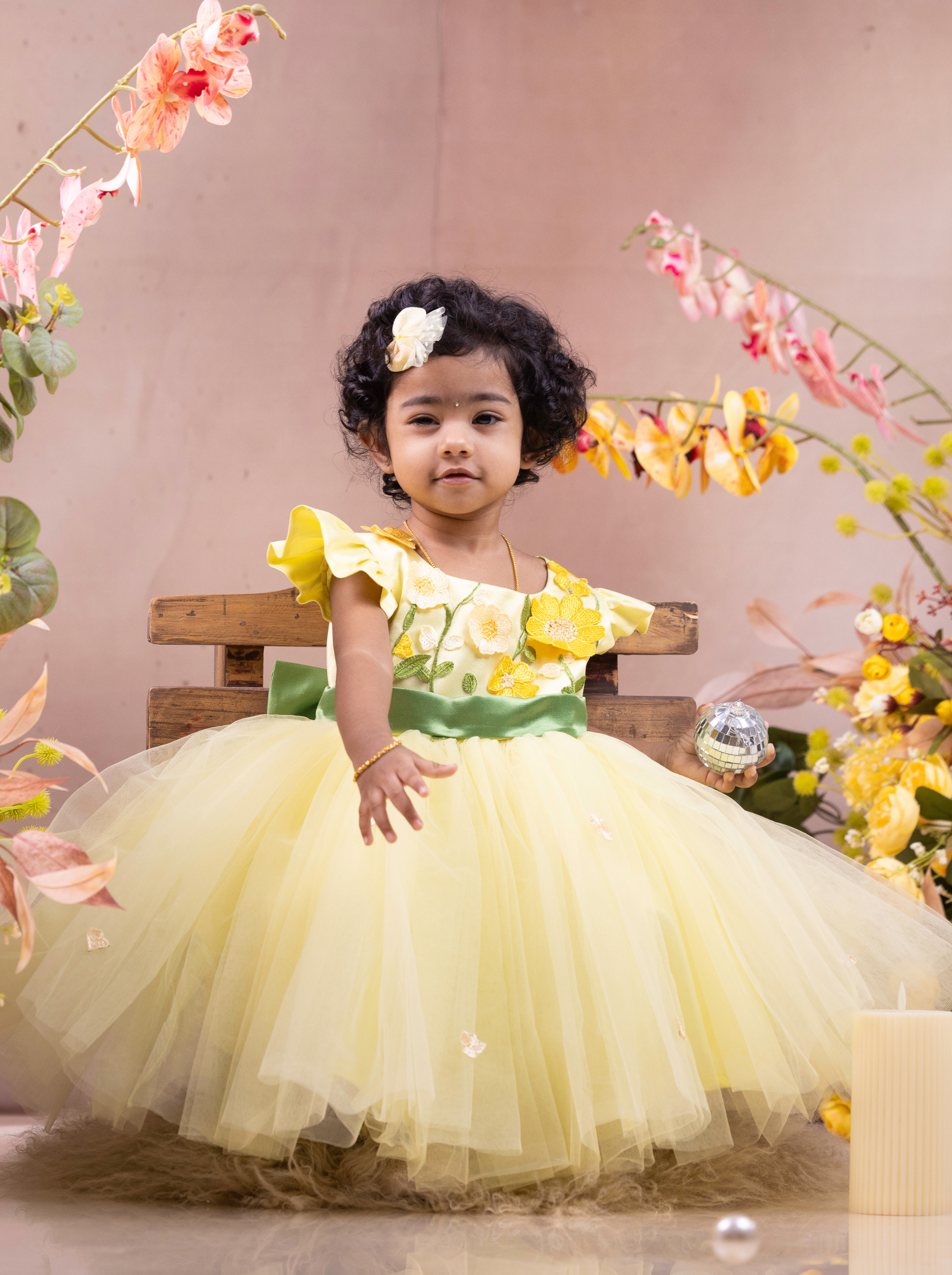Yellow Floral Embroidered Flower Girl Dress with Green Bow & Soft Tulle Skirt
